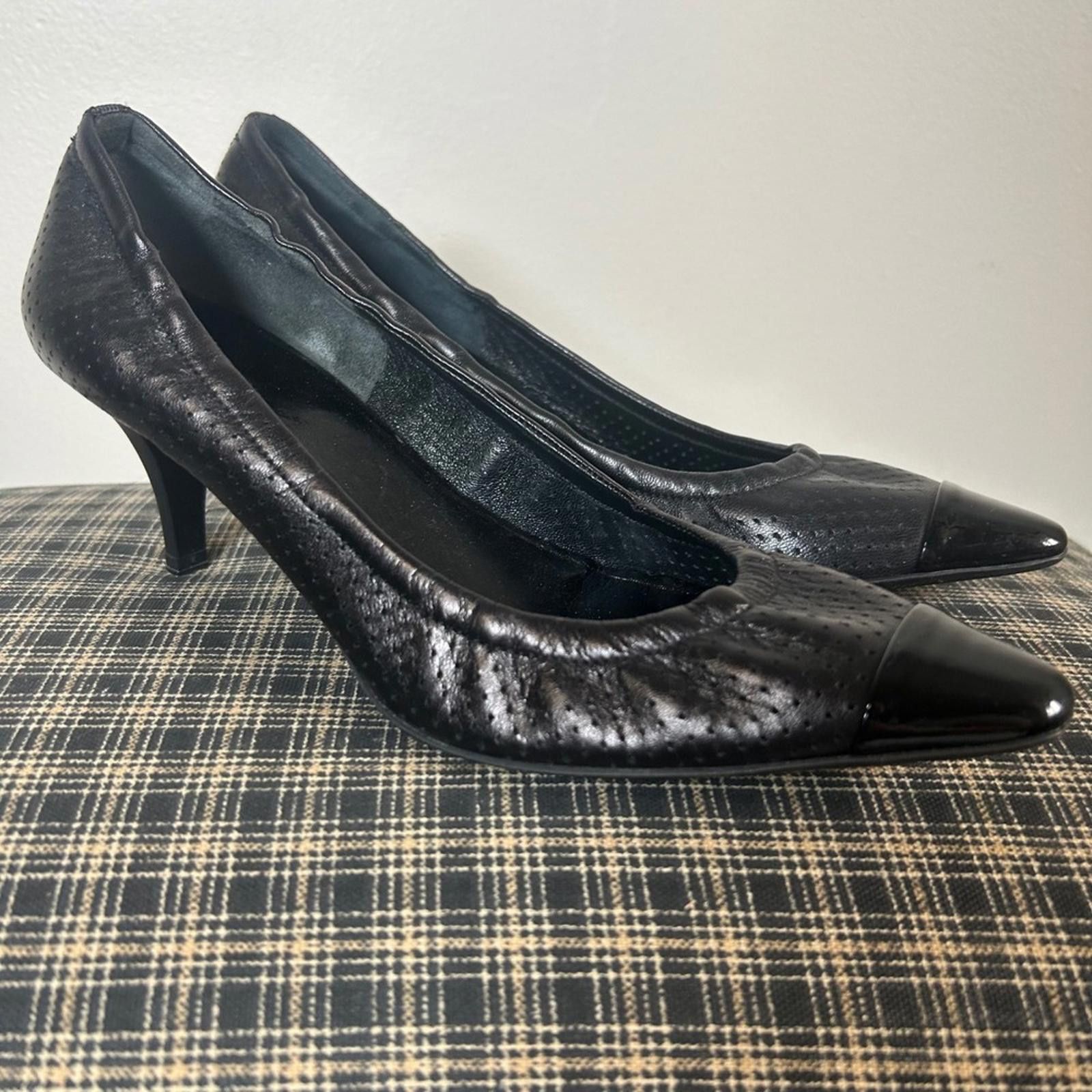Prada Prada Black Leather Perforated Cap Toe Heels Pumps Size 37 Size US 7 / IT 37 - 3 Thumbnail