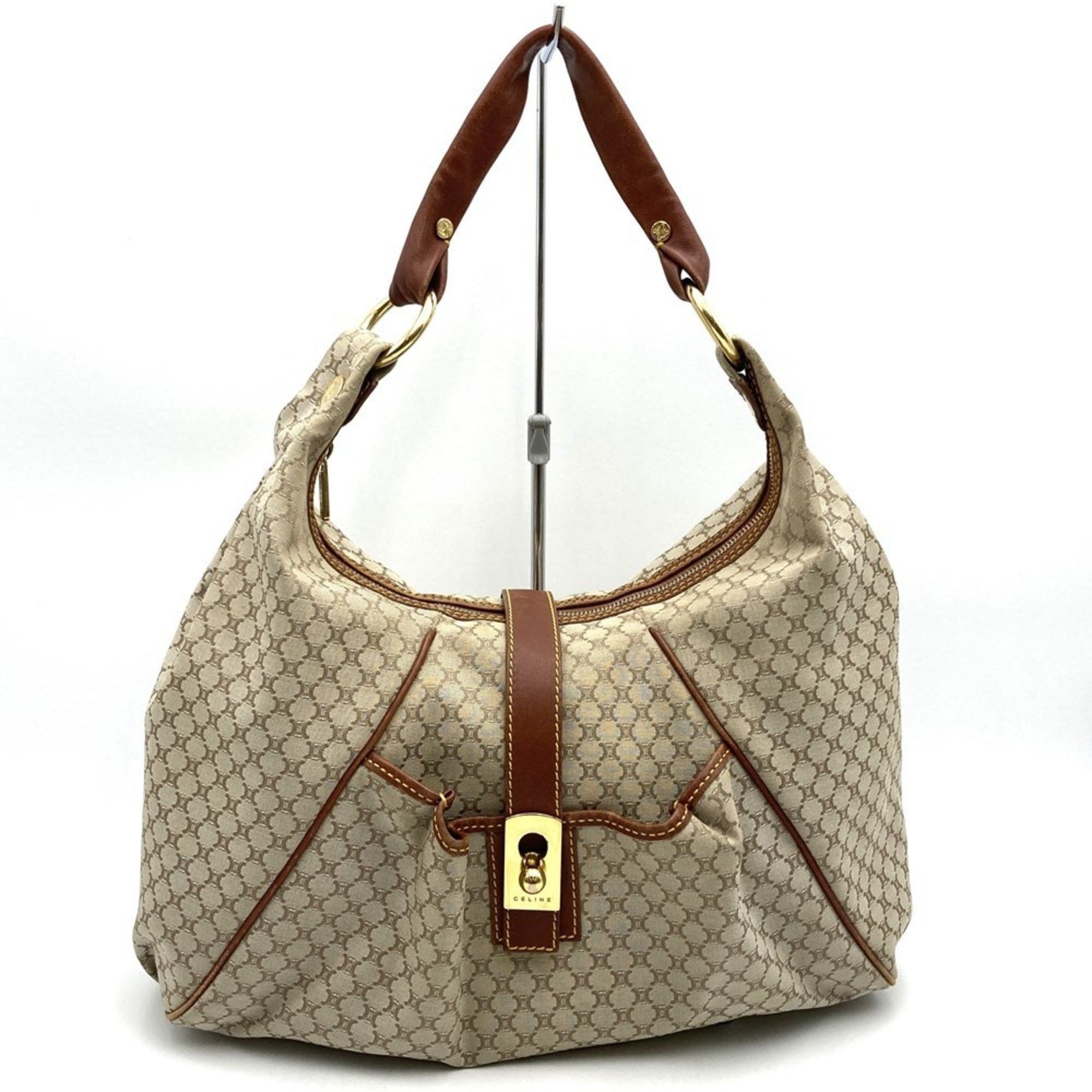 Celine Ys00 25 Shoulder Bag Handbag Macadam Beige Nylon Canvas Leather Women's