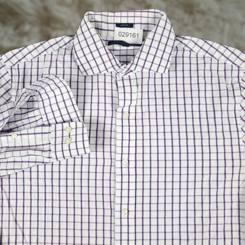 Tommy Hilfiger VINTAGE Tommy Hilfiger Shirt Mens 15 Purple White Check Dress Button Up Long Sleeve Adult Regular 15 Purple American Classic Preppy Wedding Men Size 40R - 1 Thumbnail