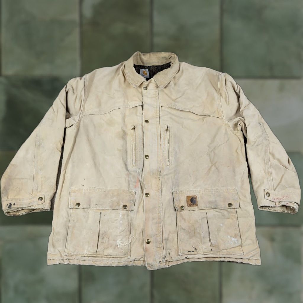 Carhartt VINTAGE Carhartt Jacket Mens 2XL Beige Distressed Full Zip Wool Lined USA Jacket Size US XXL / EU 58 / 5 - 1 Thumbnail