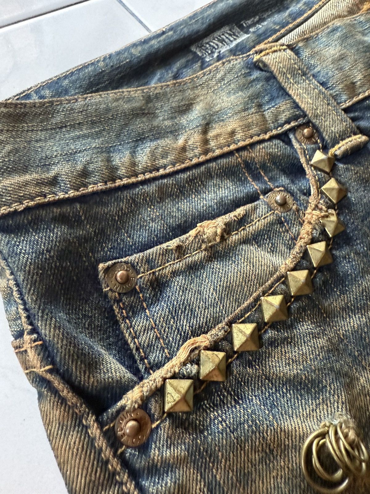 If Six Was Nine Rare Edwin 535 Pierced & Studs Heavy Mud Wash Flared Jeans Size US 32 / EU 48 - 11 Thumbnail