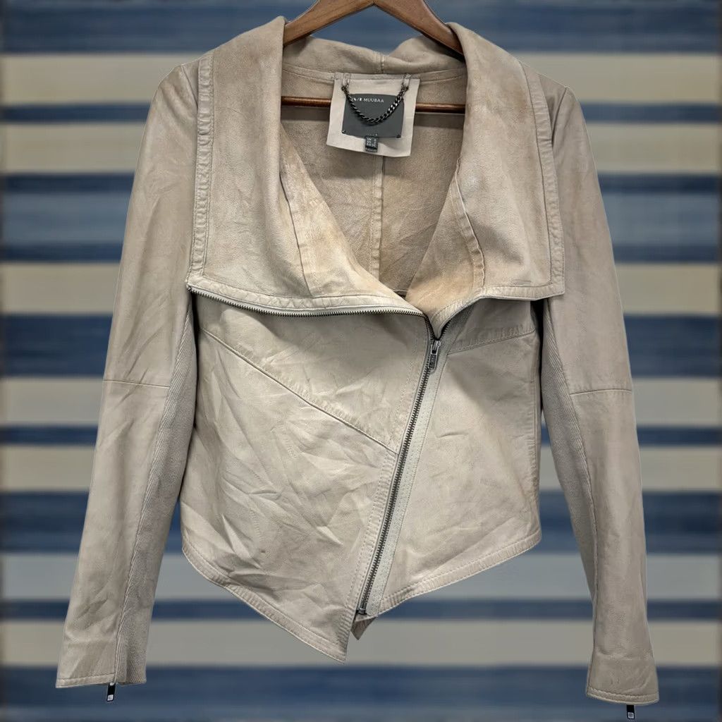 Muubaa Muubaa Jacket Women’s Size 2 Beige Leather Moto Biker Sabina Drizzle Drape Cardi Motorcycle Classic Size XS / US 0-2 / IT 36-38 - 1 Thumbnail