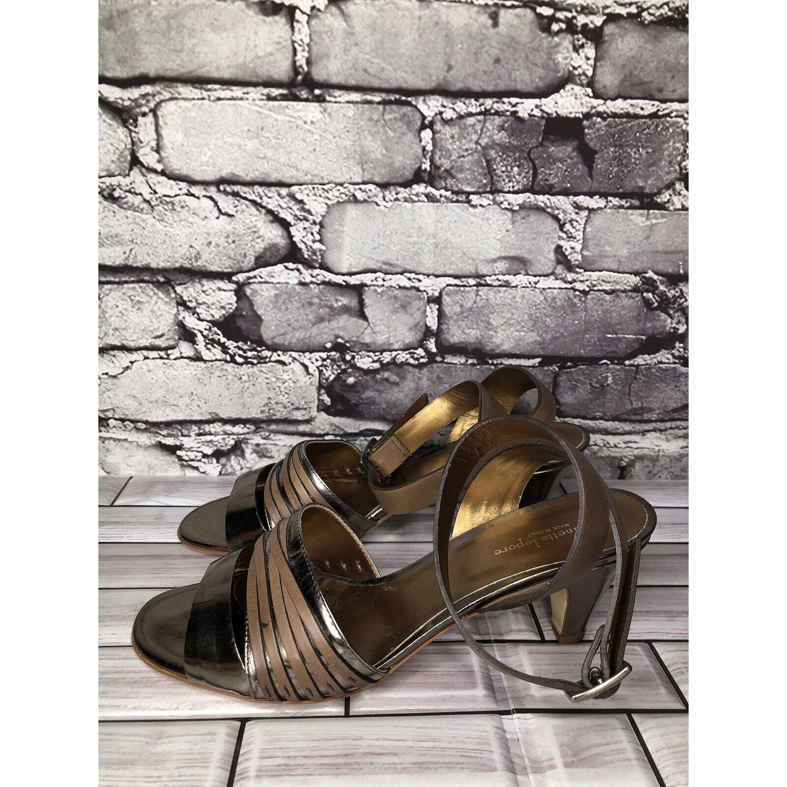 Other Nanette Lepore Silver Patent Brown Leather Ankle Straps Heel Size US 7.5 / IT 37.5 - 1 Thumbnail
