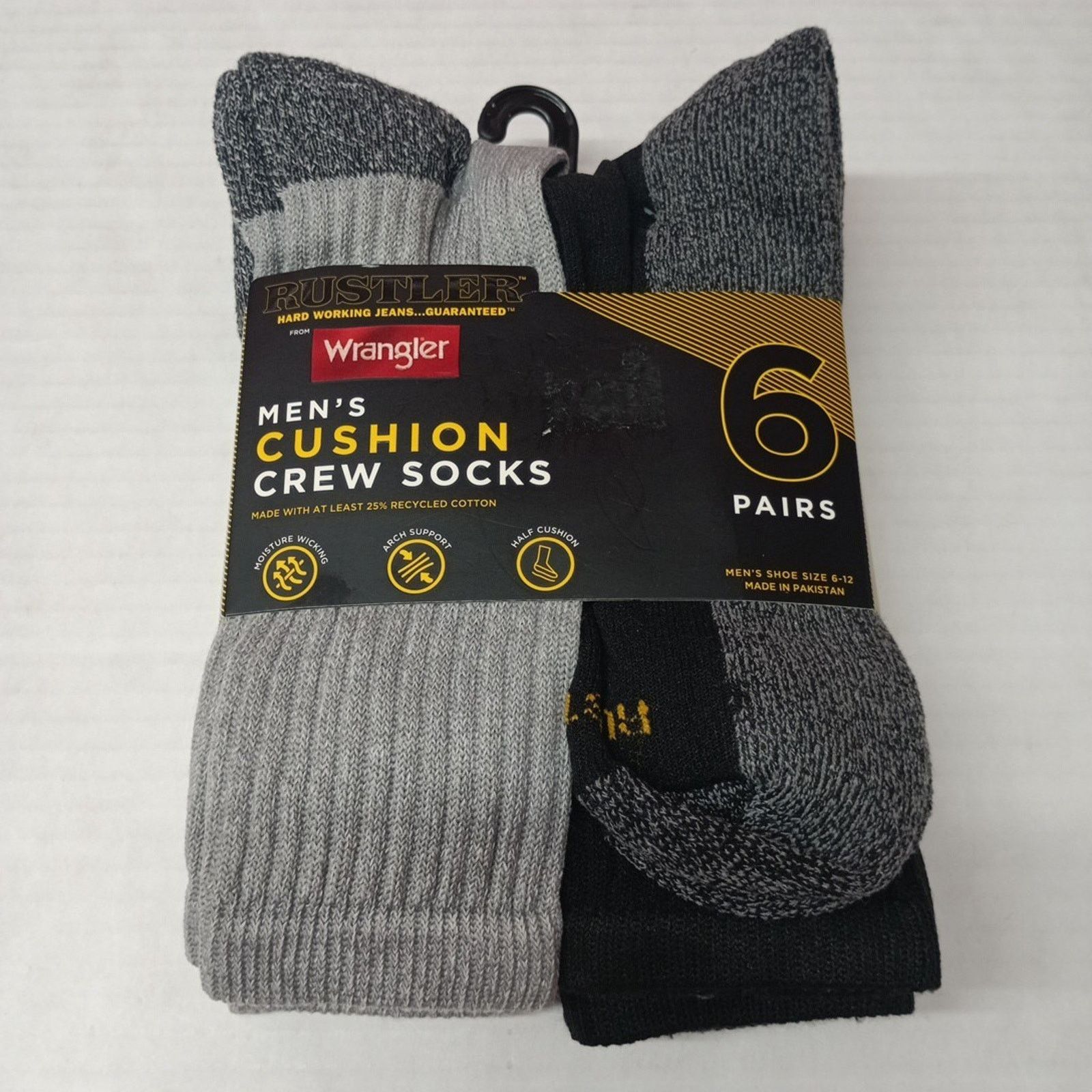 Wrangler Wrangler Rustler Men’s Cushion Crew Socks 6 Pk Black Grey Size ONE SIZE - 1 Thumbnail