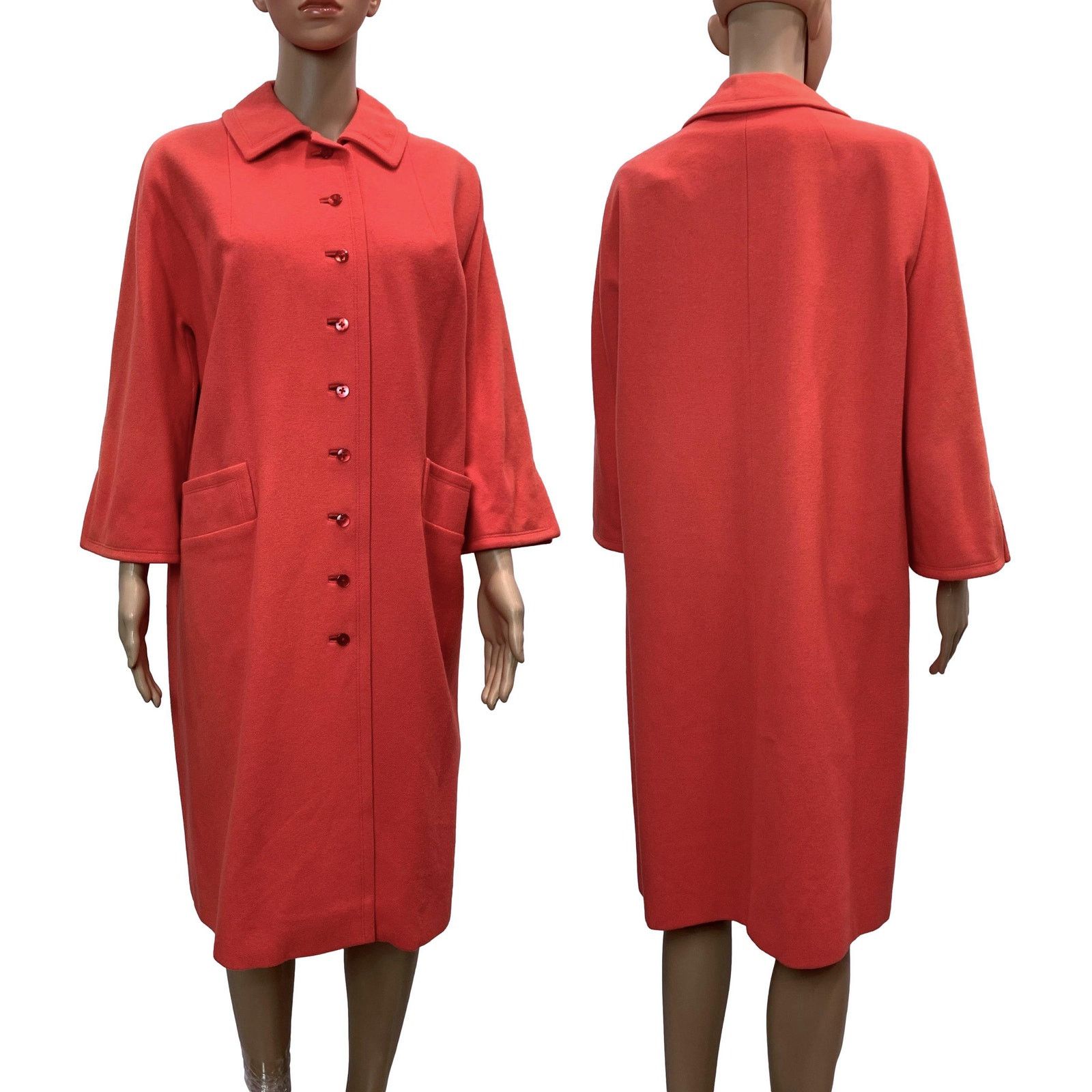 Vintage 60s Coral Orange Pink Wool Midi Coat | Overcoat Mid Century Size S / US 4 / IT 40 - 2 Thumbnail