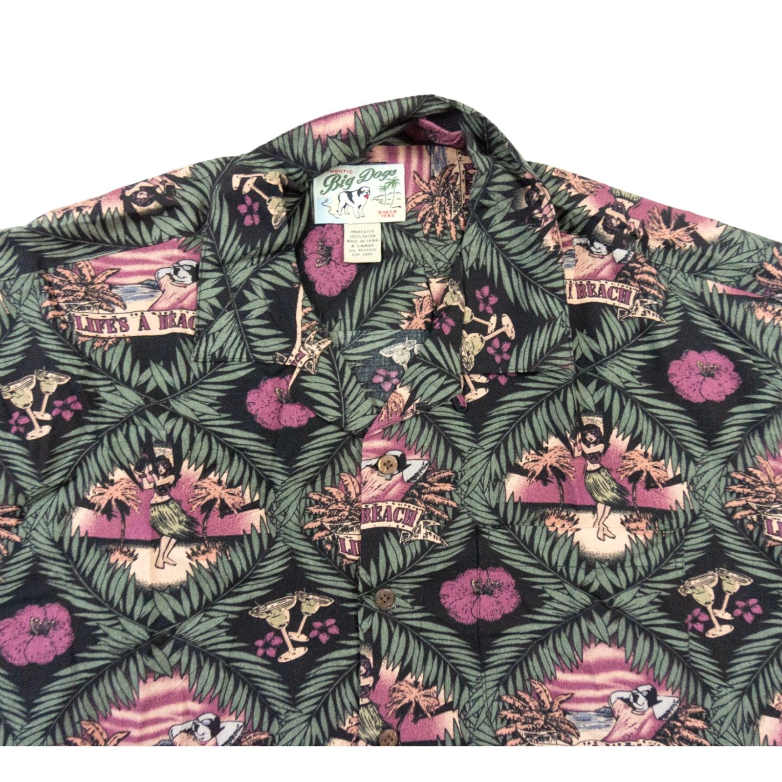 Big Dogs VINTAGE Big Dogs Hawaiian Button Down Shirt Adult XLarge Black Rayon Short Sleeve Mens Size US XL / EU 56 / 4 - 2 Thumbnail