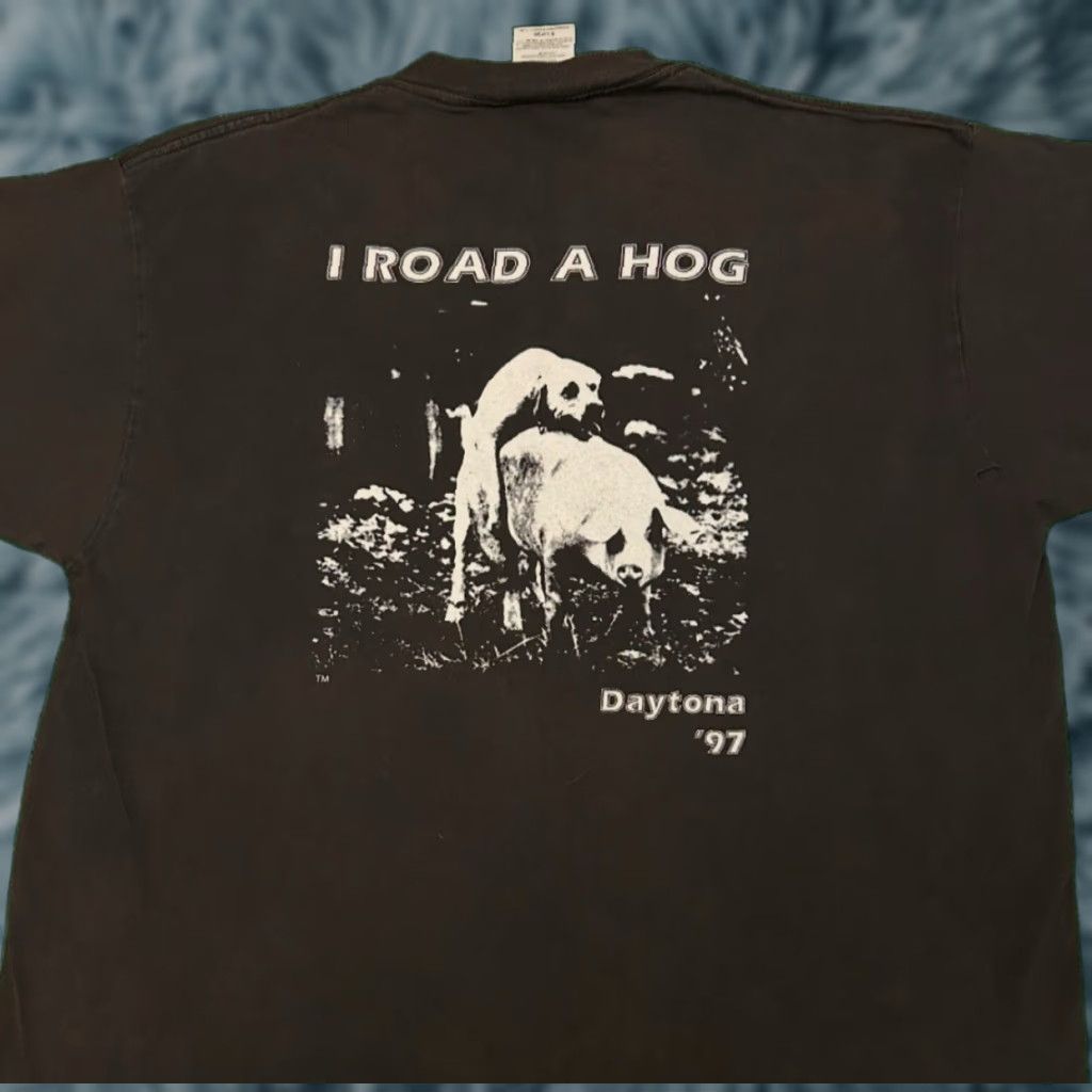 Vintage VINTAGE I Road A Hog Daytona Bike Week 1997 Humor Volgar VTG Shirt Mens XL Dark Black 90s Biker USA Hip Hop Mens XL Size US XL / EU 56 / 4 - 1 Thumbnail