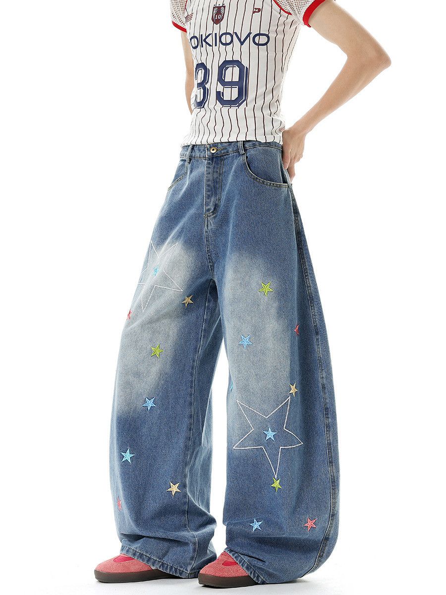Japanese Brand Men's Star-Embroidered Wide-Leg Jeans Size US 32 / EU 48 - 2 Thumbnail
