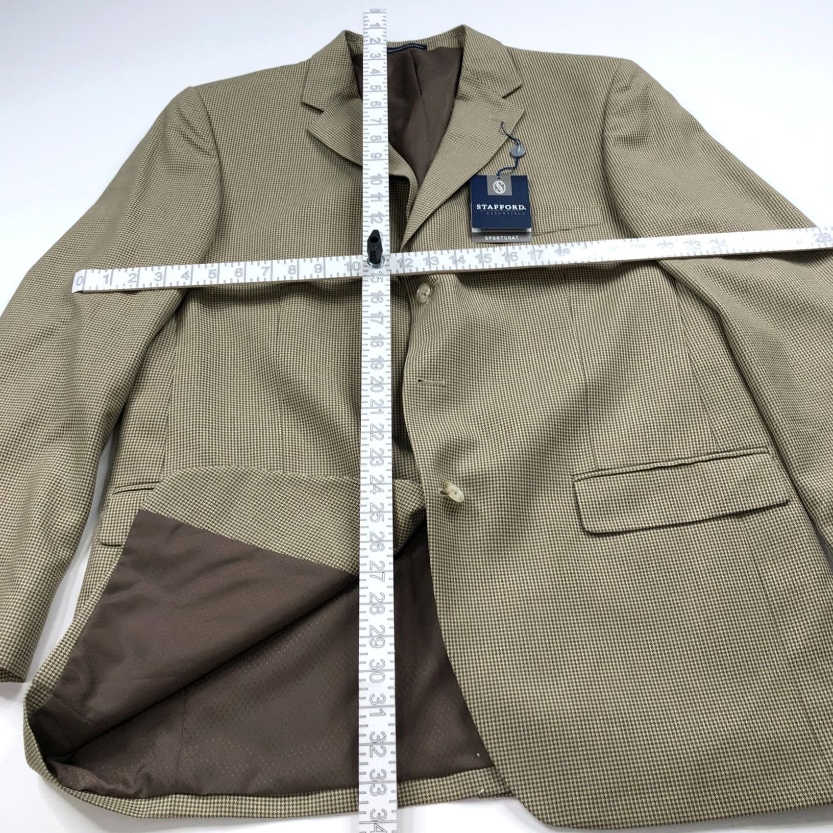 Stafford Stafford Essentials NEW 44 Long Blazer Sport Coat Jacket Houndstooth Brown Beige Men Size 44R - 6 Thumbnail