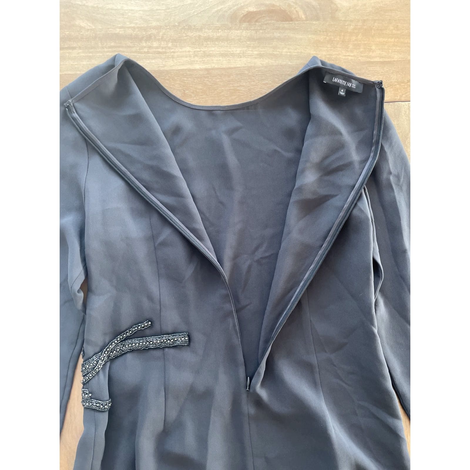 Vintage Lafayette 148 New York Silk Gray Long Sleeve Mini Dress 8 Embroidered Rhinestones Size M / US 6-8 / IT 42-44 - 6 Thumbnail