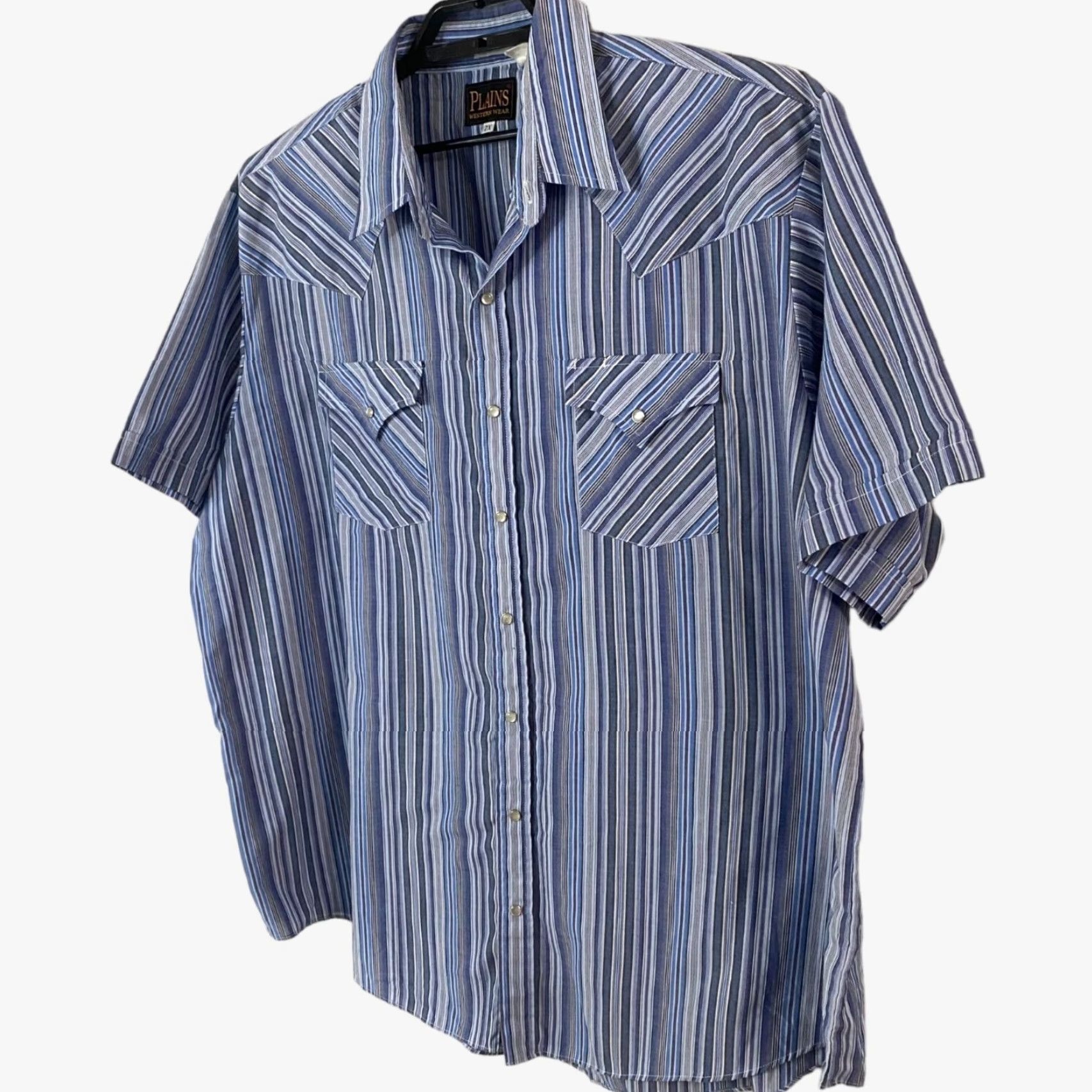 Vintage VINTAGE Plains Western Snap Button-Up Short-Sleeve Shirt Blue Multi-Stripe Men 2X Big & Tall Button-Up Shirt Size US XXL / EU 58 / 5 - 2 Thumbnail
