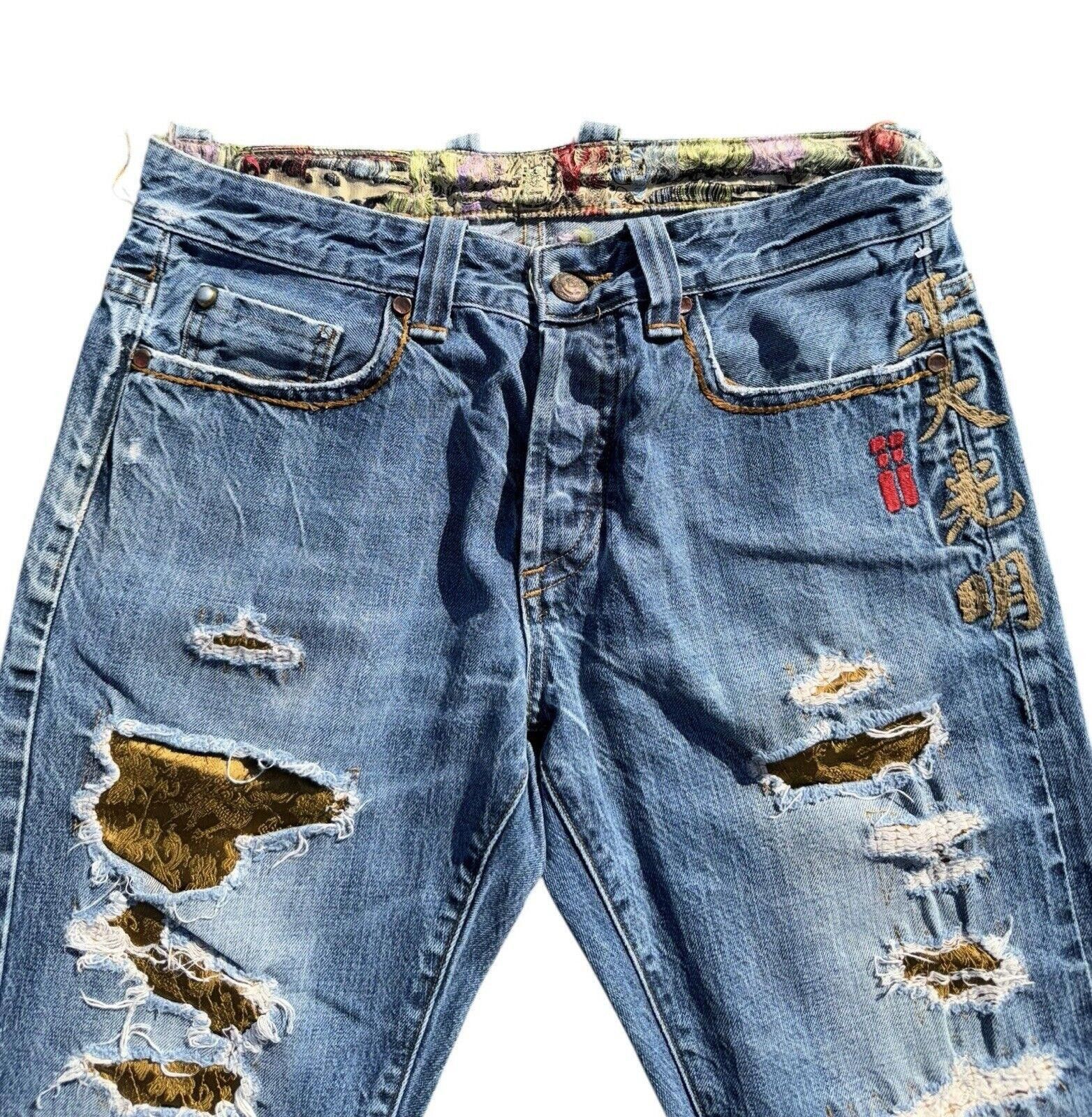 Designer Vintage China 90s Distressed Repaired Selvedge Jeans 32 Size US 32 / EU 48 - 2 Thumbnail