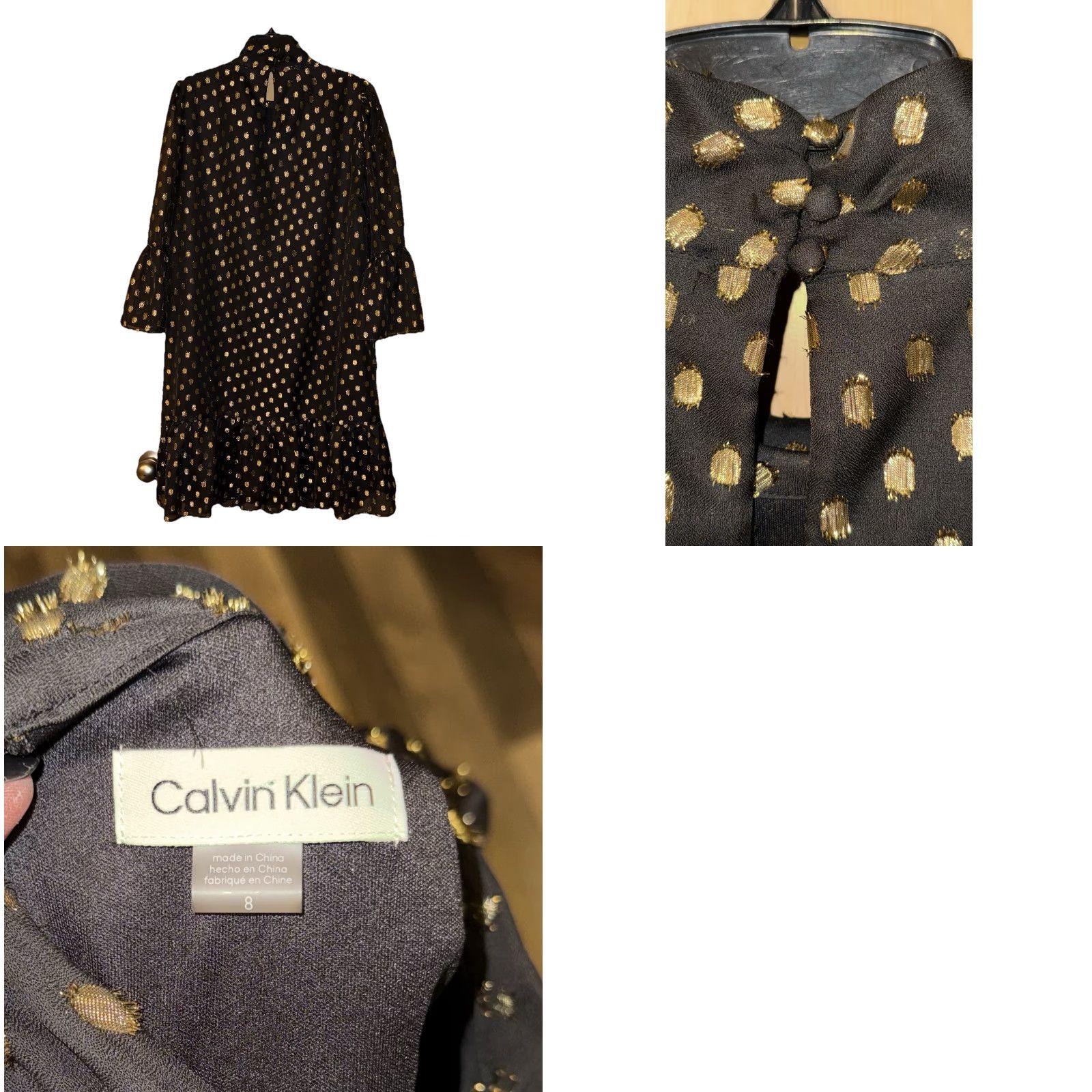 CALVIN KLEIN Women's Polka Dot Black Gold Party Dress Size 8