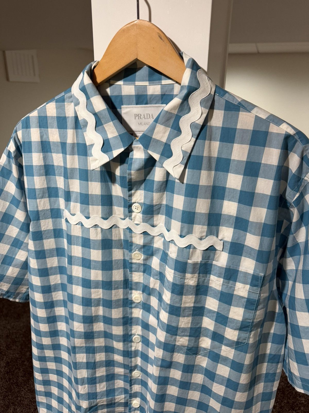 Prada PRADA x Raf SS23 Gingham Blue Plaid Stripe Button Logo Shirt Size US XL / EU 56 / 4 - 2 Thumbnail