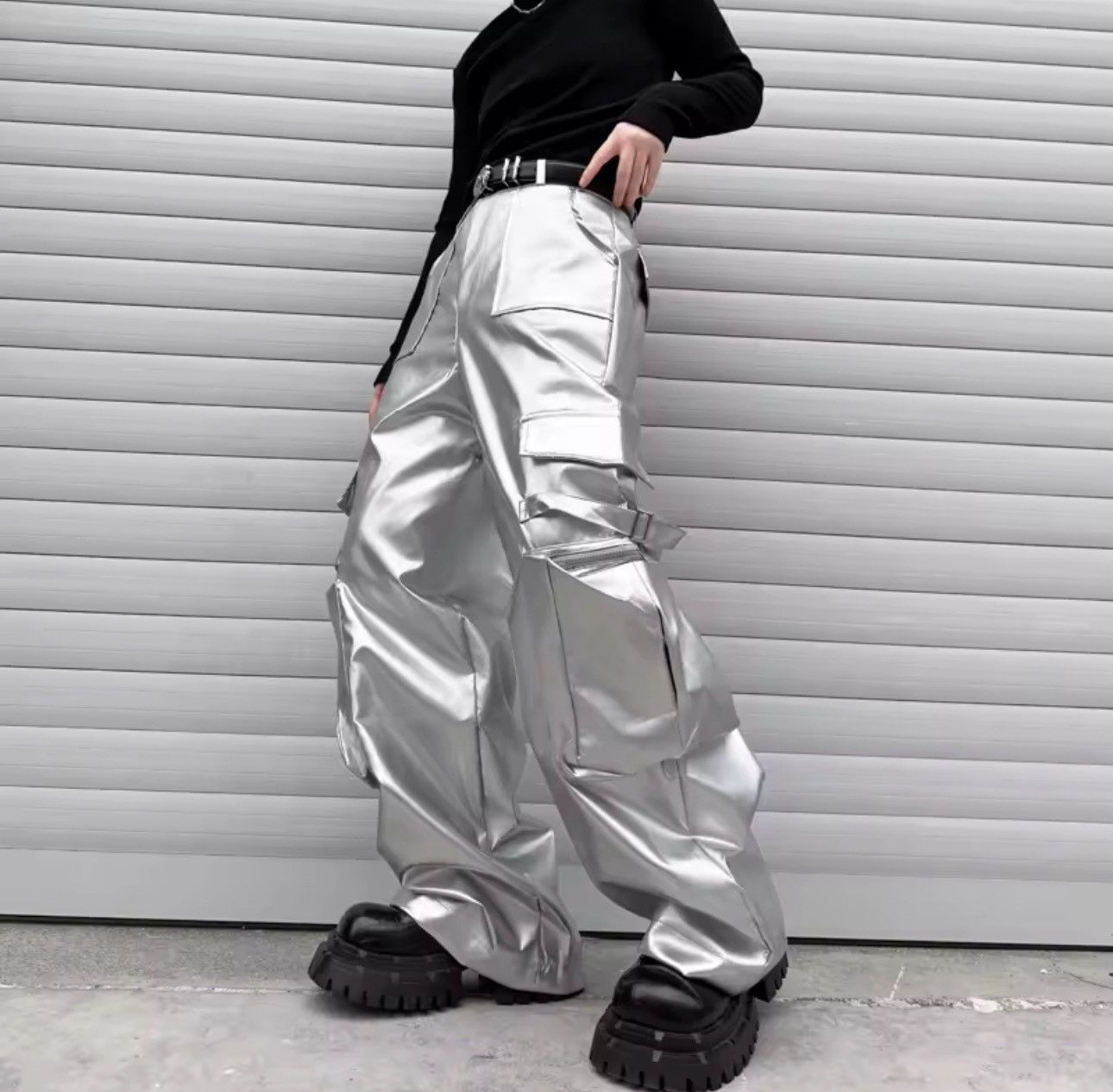 Other Streetwear Silver Loose Leather Hip Hop Pockets Pants Size US 33 - 1 Thumbnail