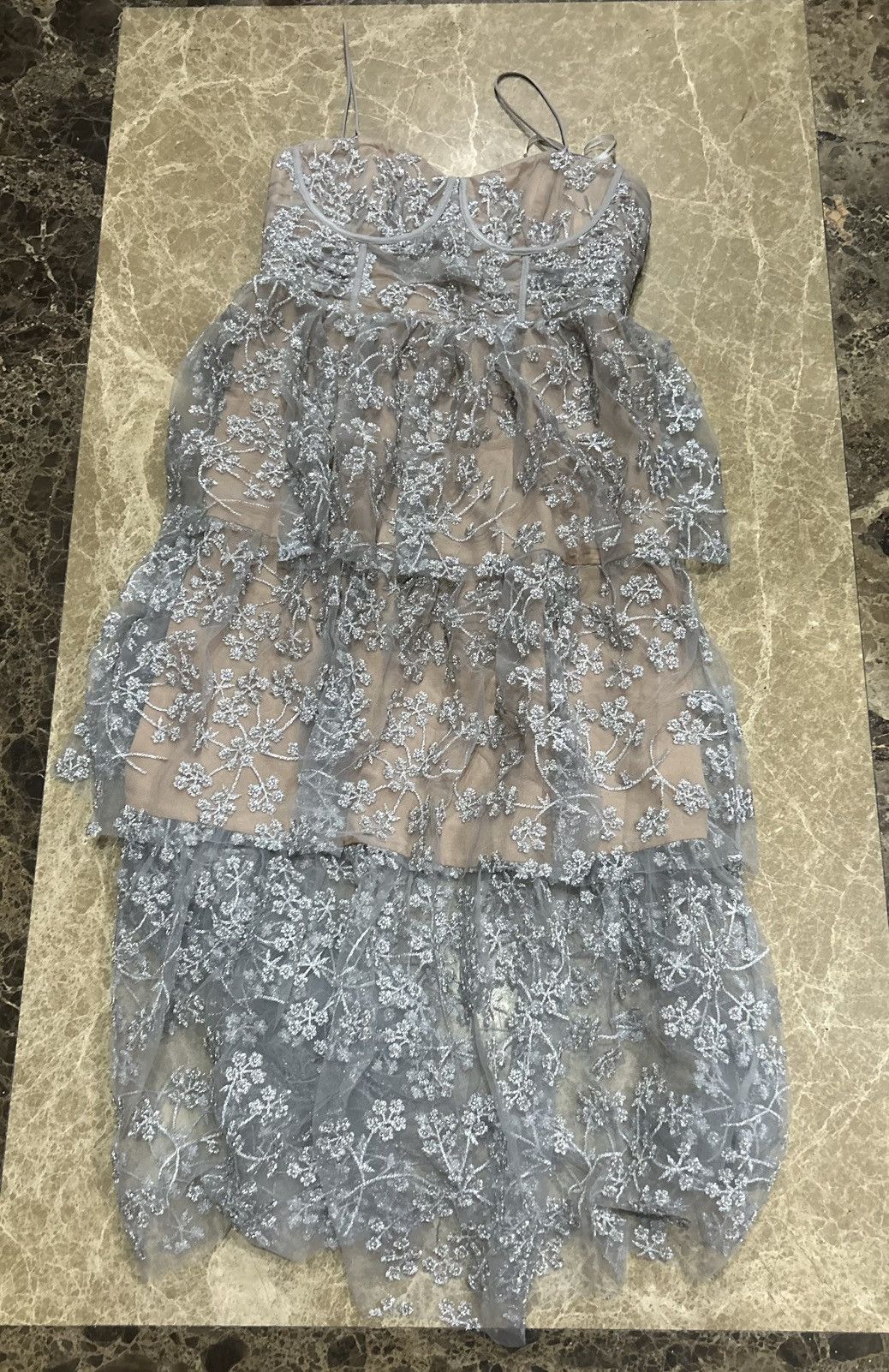 Self-Portrait Self-Portrait Embroided Blossom Midi Dress Silver Grey Size M / US 6-8 / IT 42-44 - 3 Thumbnail