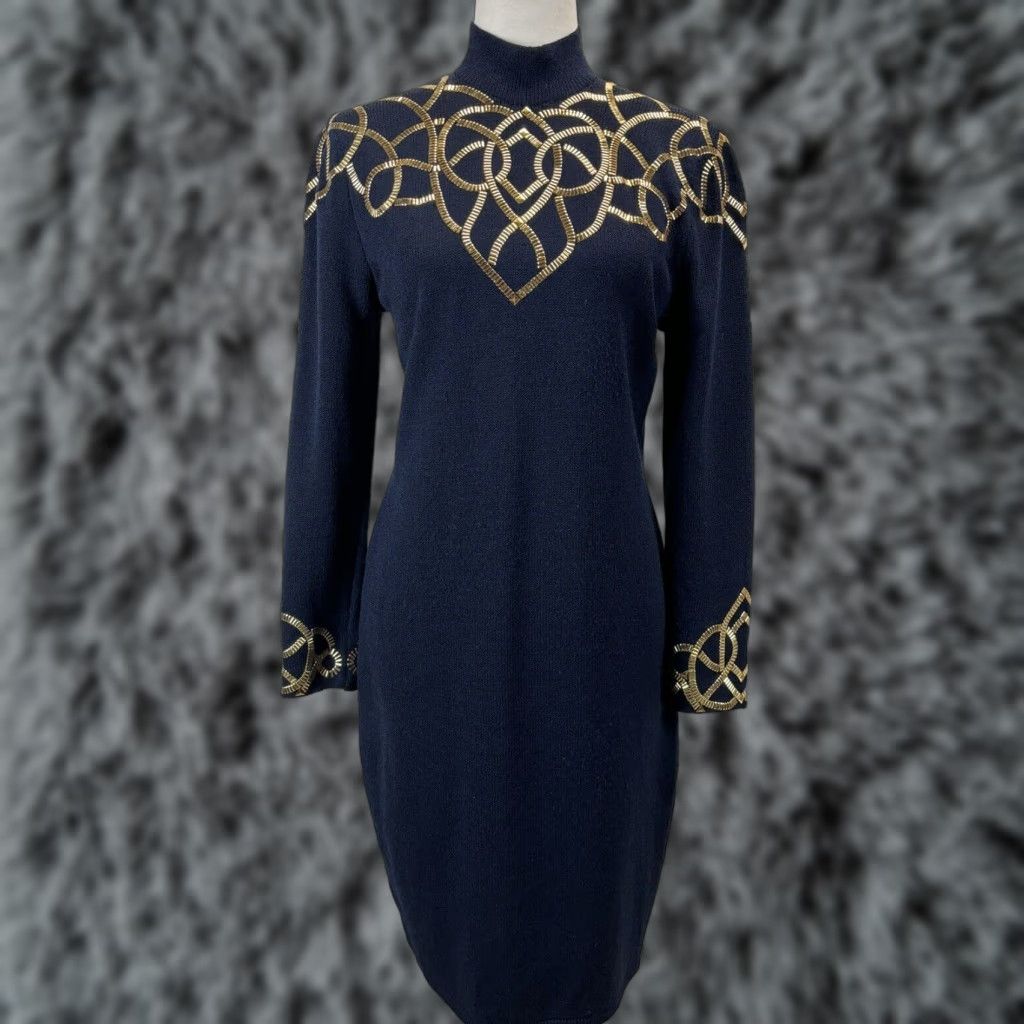 St. John Vintage St. John Collection Marie Gray Knit Dress Women Small Knee Length Long Sleeve Zip Mock Neck Studded Navy Gold 1980s Rare Size S / US 4 / IT 40 - 1 Thumbnail