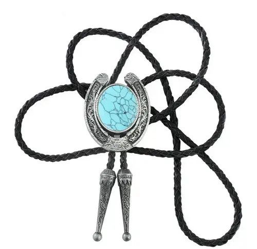 Cowboy Equipment × Vintage Western Horseshoe Agate Turquoise Leather Rope bolo tie Size ONE SIZE - 2 Thumbnail