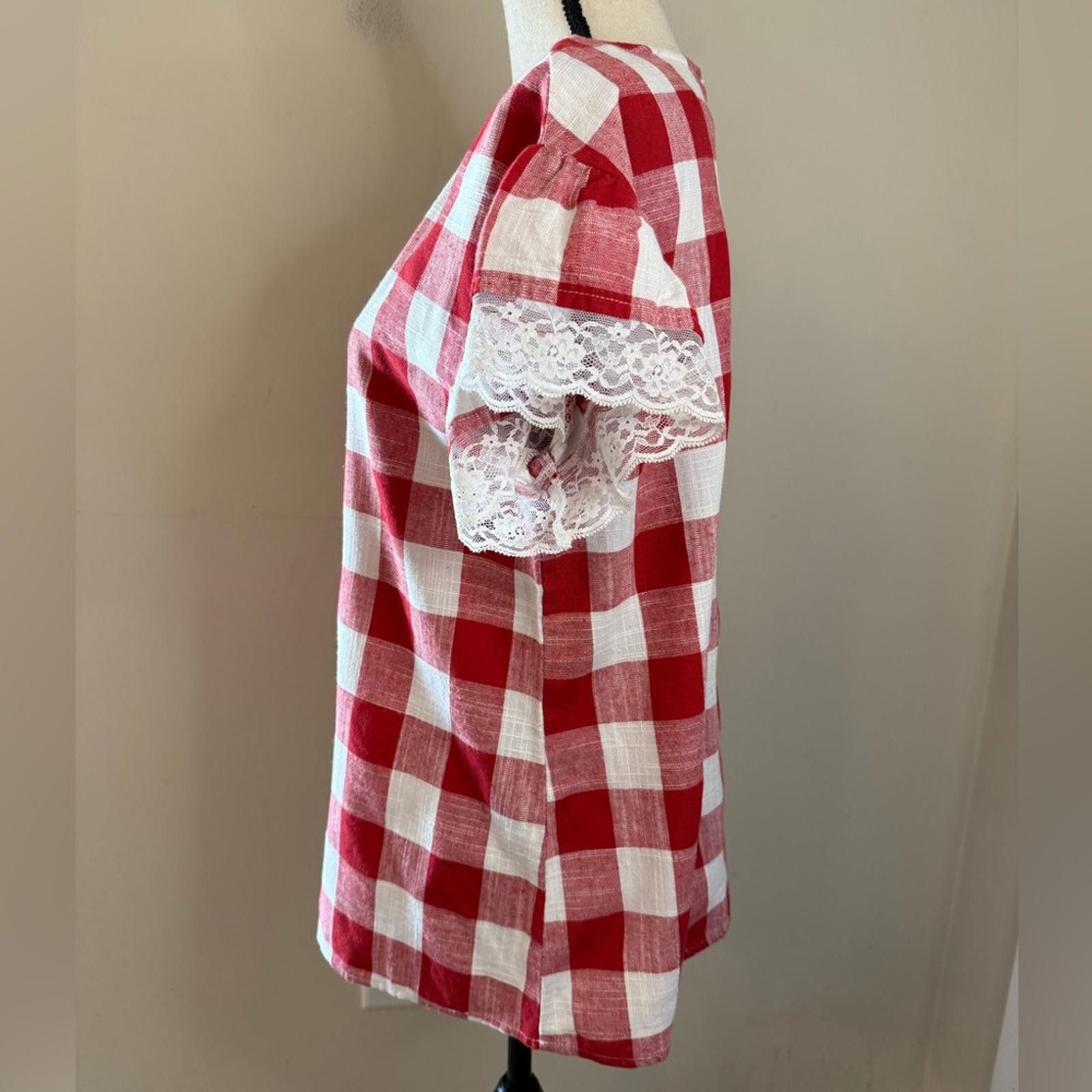 Other Wonderland by Orange linen blend red white plaid lace top LG Size L / US 10 / IT 46 - 3 Thumbnail