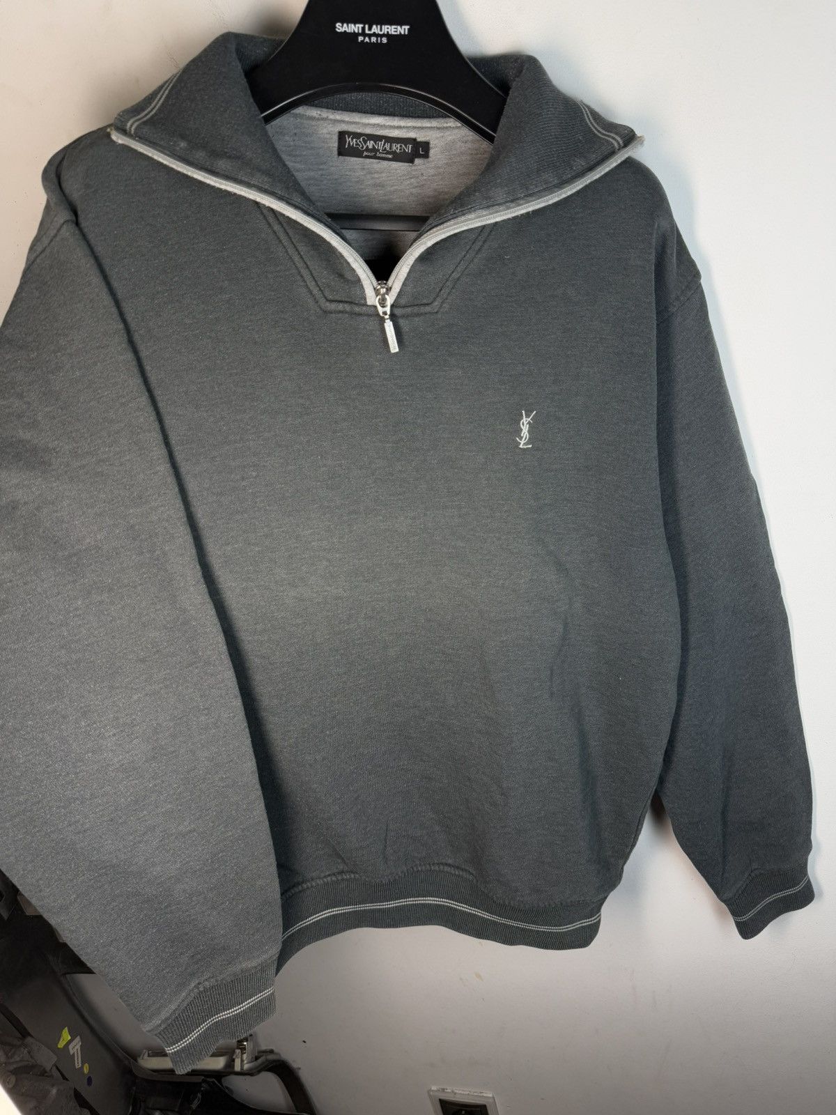 Yves Saint Laurent 90s YSL Sweatshirt 1/4 Quarter Zip Grey Sweater Vintage Size US L / EU 52-54 / 3 - 12 Thumbnail