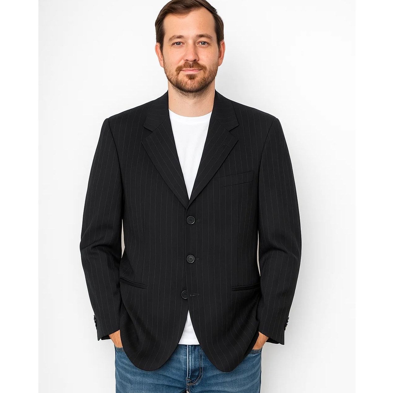 Emporio Armani Emporio Armani Men's Black Pinstripe Suit Jacket - Size 38R Size 38R - 1 Thumbnail