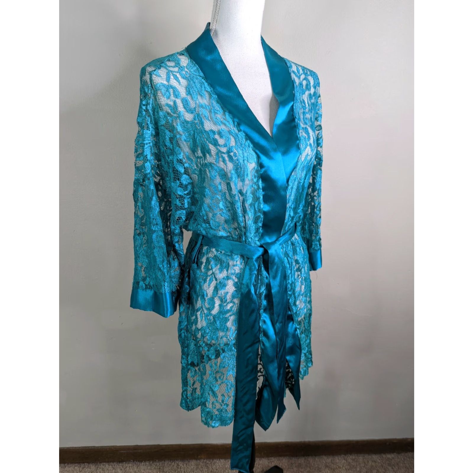 Vintage VINTAGE 80s Teal Satin Lace Mini Lingerie Robe One Size 31" D1S Girls Size ONE SIZE - 2 Thumbnail