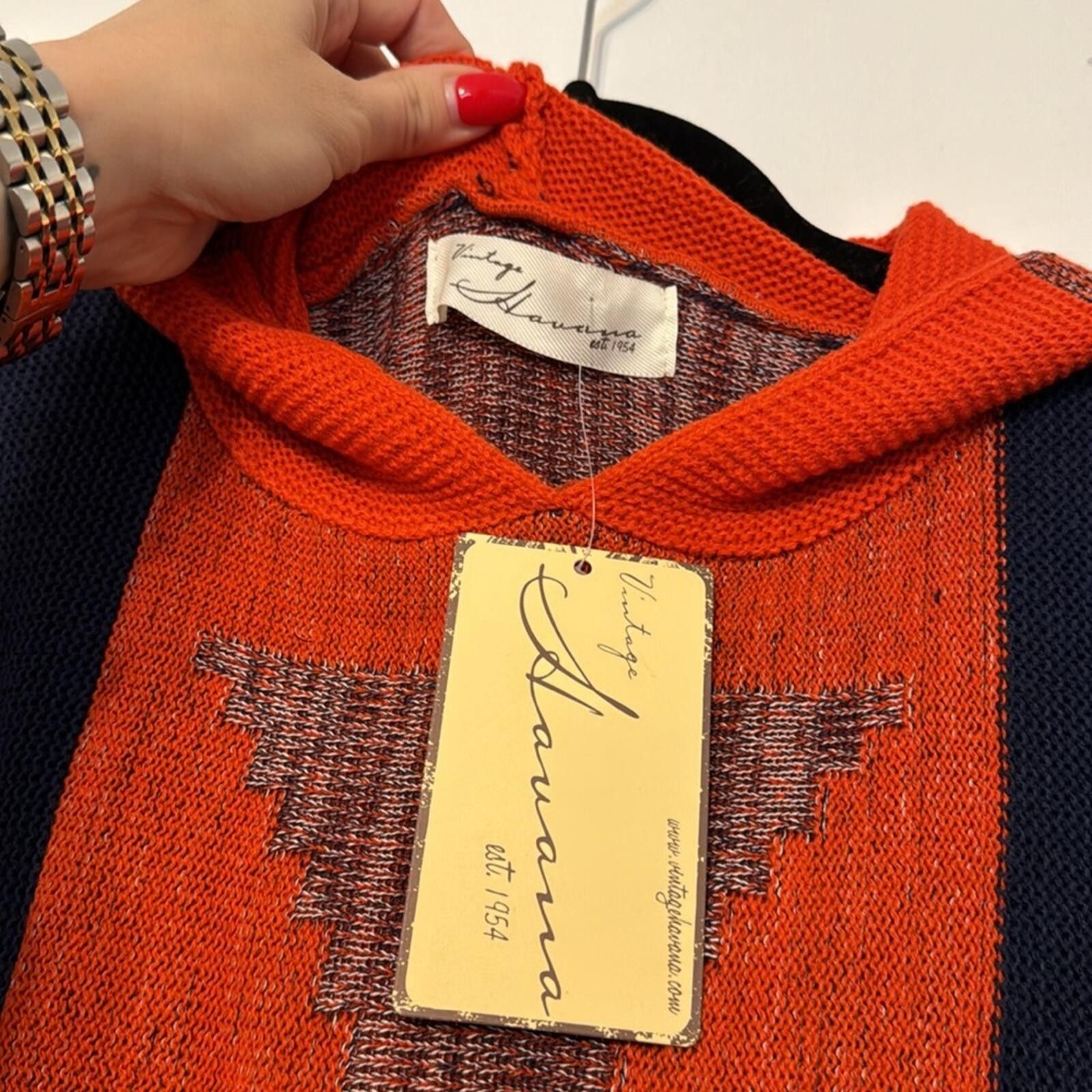 Other Vintage Havana Orange and Navy Fringe Poncho Sweater Size M / US 6-8 / IT 42-44 - 5 Thumbnail