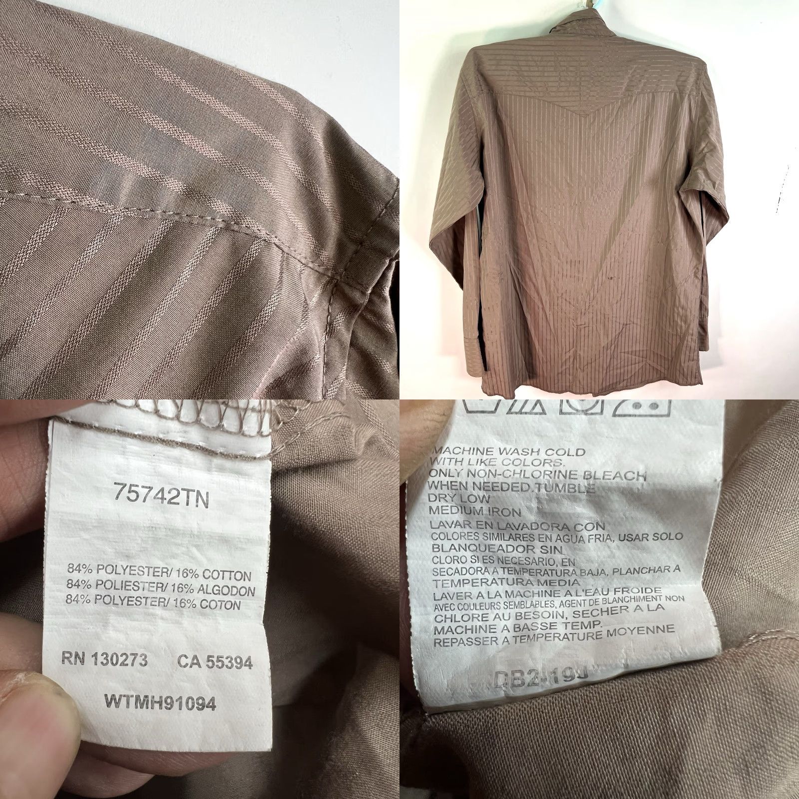 Wrangler Wrangler Shirt Mens XLT Tan Long Sleeve Pearl-Snap Metallic Stripe Western Button-Up Size XLT Brown Pattern Striped 50/50 Cotton-Poly - Mens Size US XL / EU 56 / 4 - 8 Thumbnail