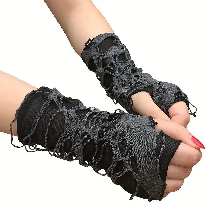 Other Gothic Fingerless Gloves Tear Stretchy Design Size ONE SIZE - 1 Thumbnail