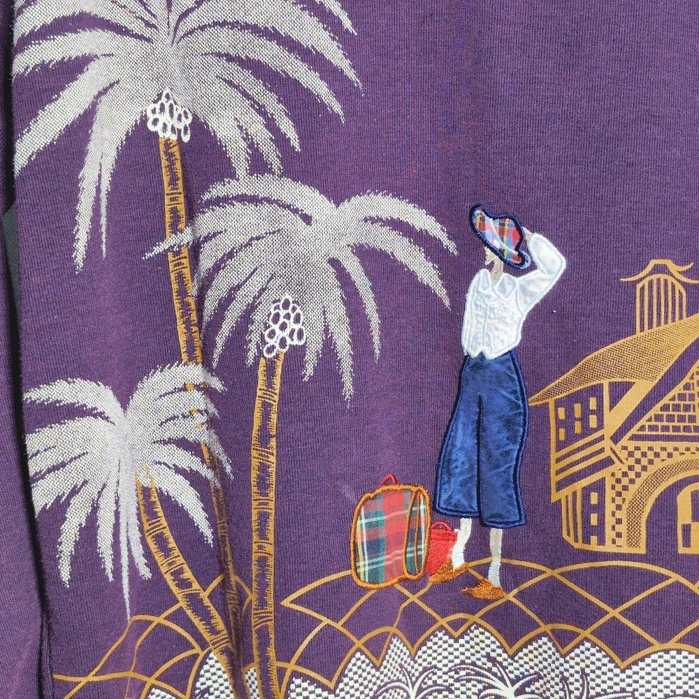 Designer Ornate Tropical Vacation Scene Purple Sweater w Satin Accen Size L / US 10 / IT 46 - 2 Thumbnail