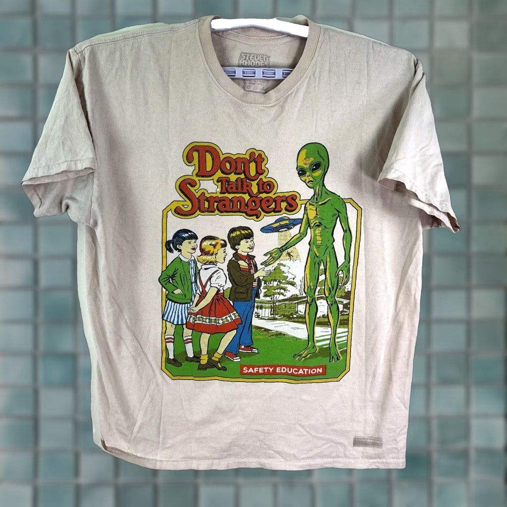 RHODE Steven Rhodes Don't Talk To Strangers T-Shirt Mens XL Beige Cotton Jersey Logo Graphic Print 90s Space Funny Size US XL / EU 56 / 4 - 1 Thumbnail