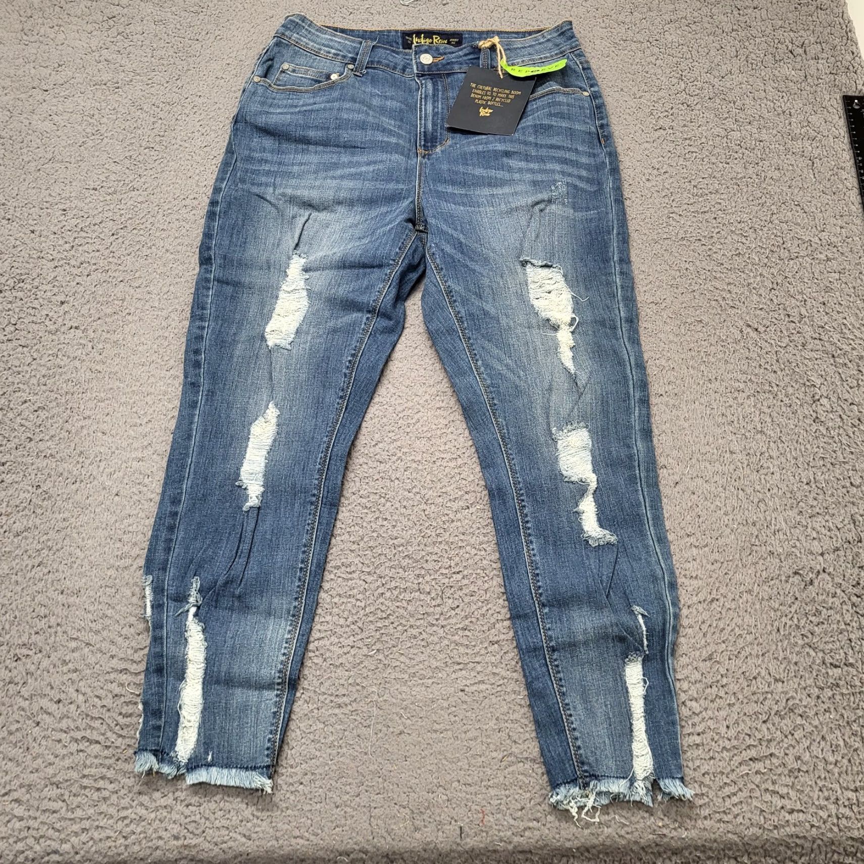 Vintage INDIGO REIN Jeans Women's 13/30 Medium Blue Distressed High Rise Crop Slim 5-Pocket Denim Jeans Womens 90s City College Fashion Size 34" / US 12 / IT 48 - 2 Thumbnail