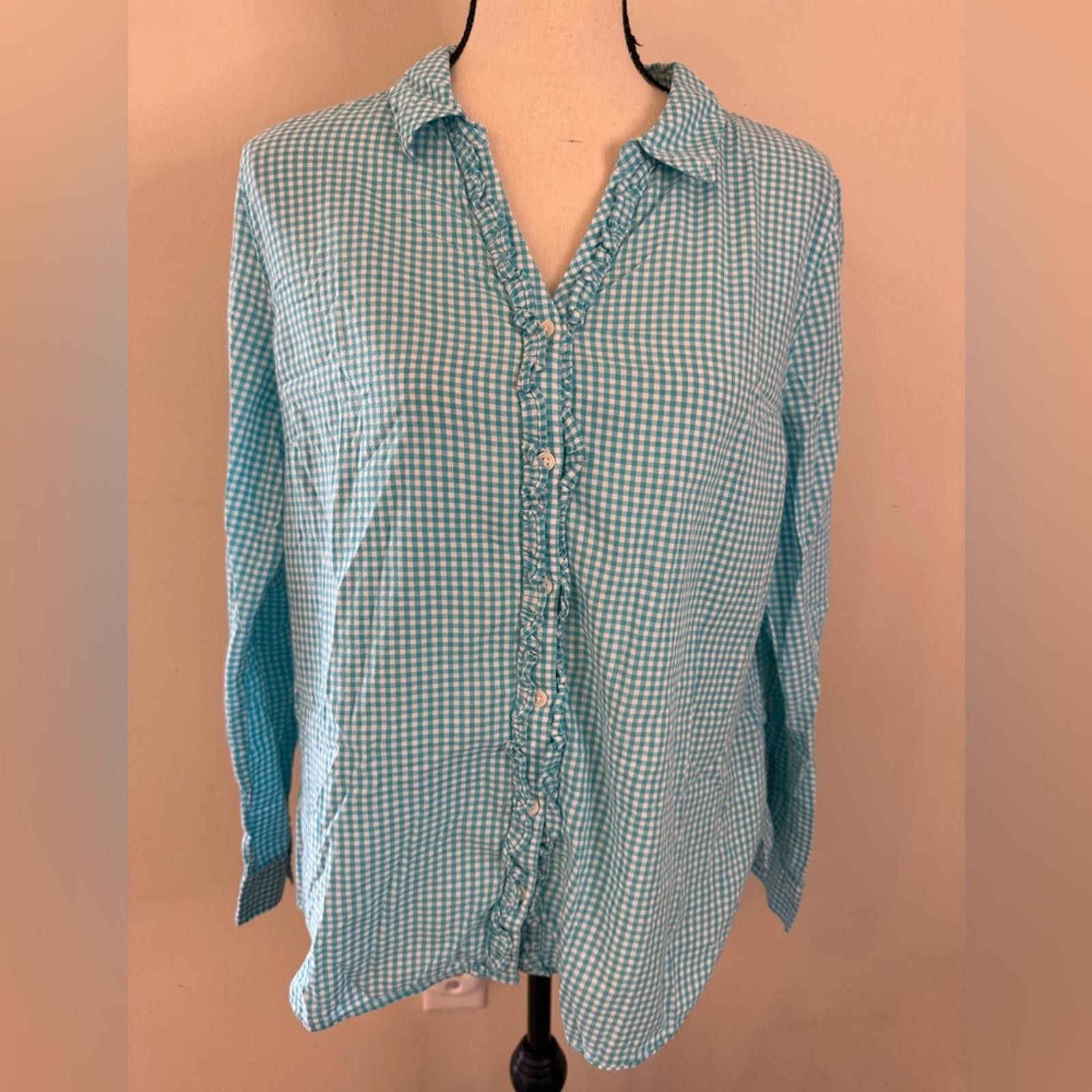 Erima Ericka teal white plaid ruffled button up long sleeve SZ LG Size L / US 10 / IT 46 - 4 Thumbnail
