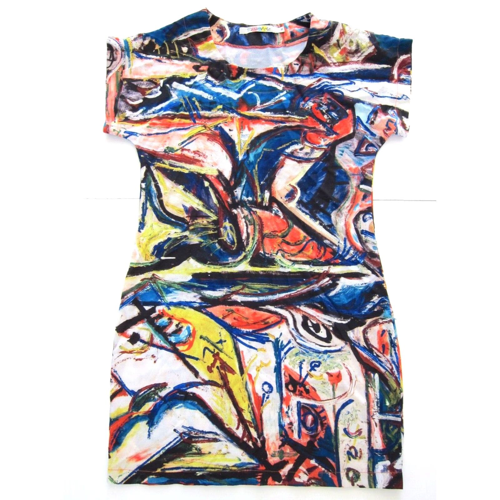 Denim & Co. VINTAGE Saia Com Arte Orange Blue Yellow Painted Art Short Sleeve Tunic Dress S-M Size 28" / US 6 / IT 42 - 2 Thumbnail