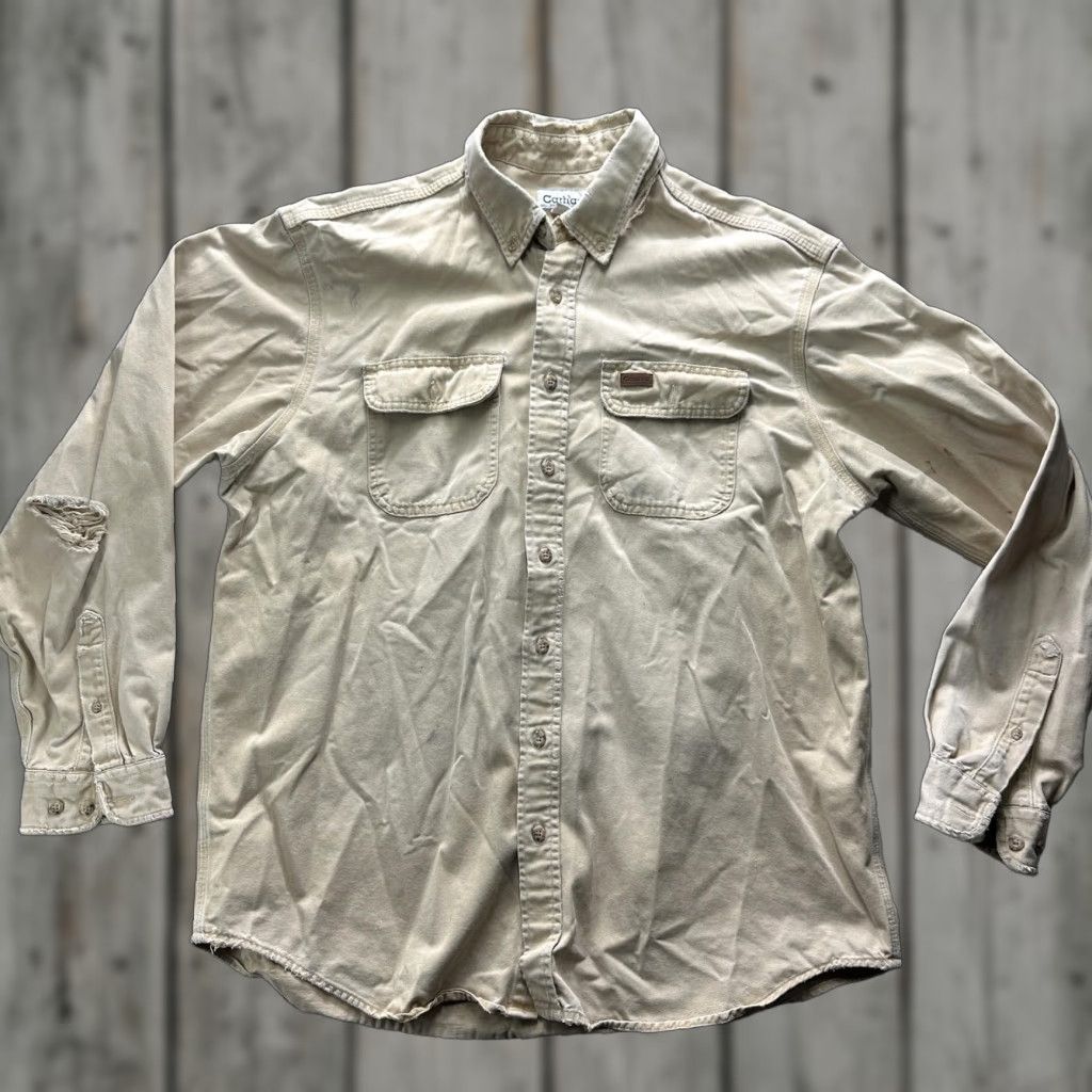 Carhartt VINTAGE Carhartt Shirt Mens XLT Beige Cotton Twill Workwear Button Up Distressed Size US XL / EU 56 / 4 - 1 Thumbnail