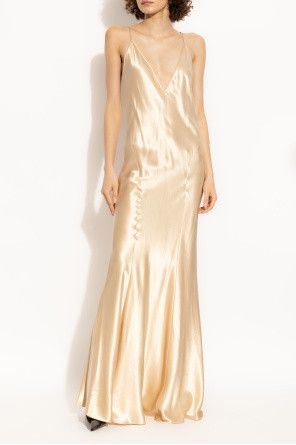 Saint Laurent Paris o1bcso1str1125 V-Neck Dress in Silk Satin in Beige Size S / US 4 / IT 40 - 3 Thumbnail