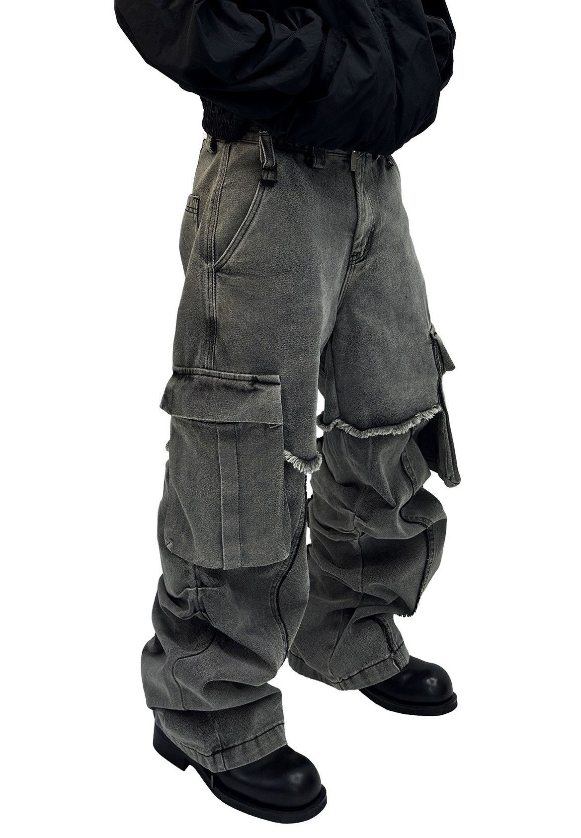 Image of Vintage Avant Garde Faded Distressed Double Knee Cargo Jeans Pants in Grey, Men's (Size 33)