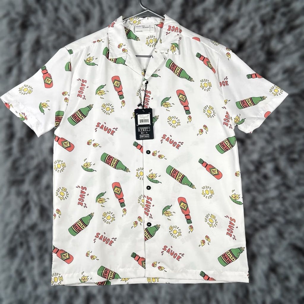 Vintage Level Ten Button-Up Shirt AOP Hot Sauce White Small Mens Short Sleeve Collared 100% Cotton Modern Fit Casual Vintage No Size US S / EU 44-46 / 1 - 1 Thumbnail