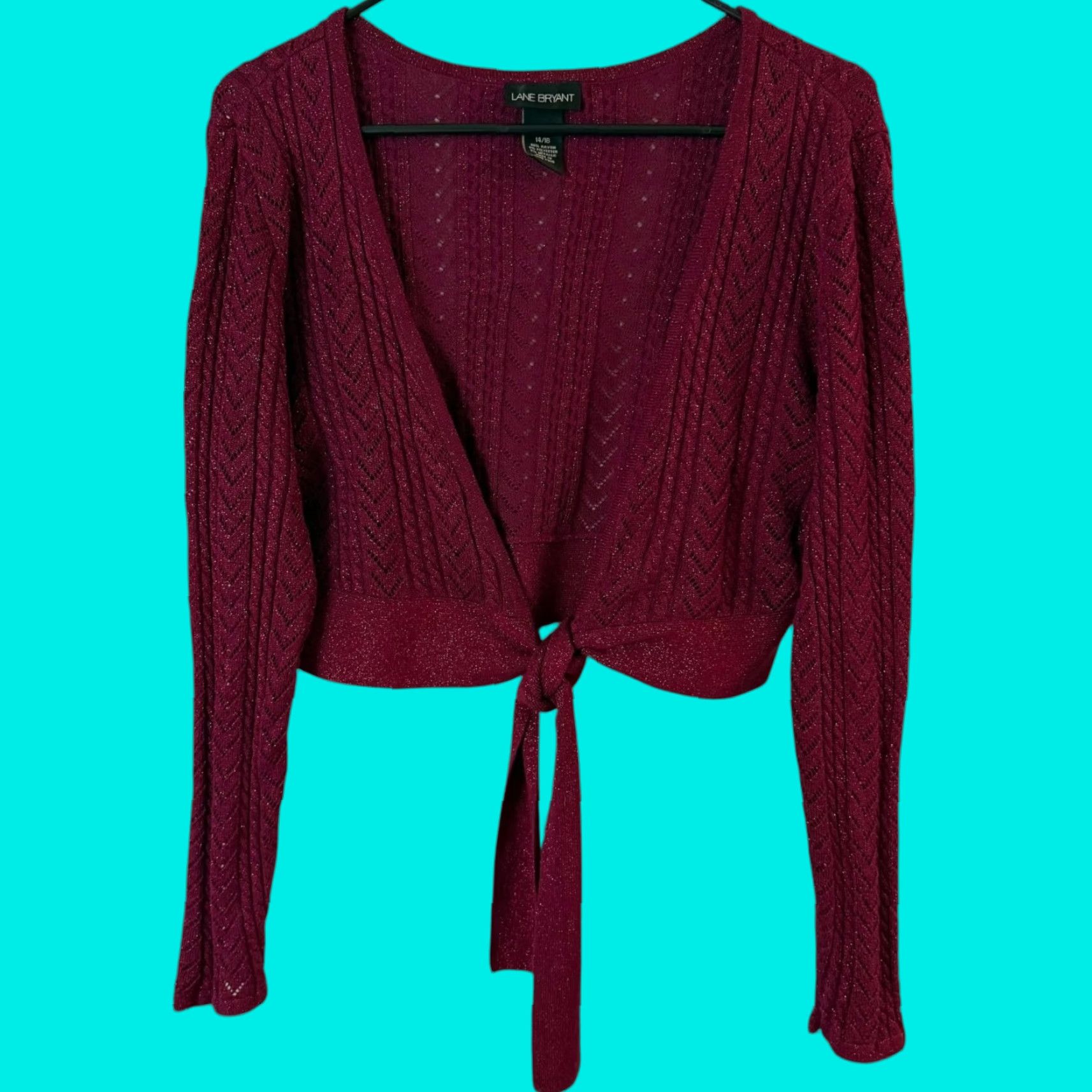 Vintage Lane Bryant Metallic Knit Tie-Waist Cropped Cardigan Red Women's 16 Cardigan Bohemian Preppy City Winter Spring Fall Knit Open Sleeve Long Sleeve Size XXL / US 16-18 / IT 52-54 - 1 Thumbnail