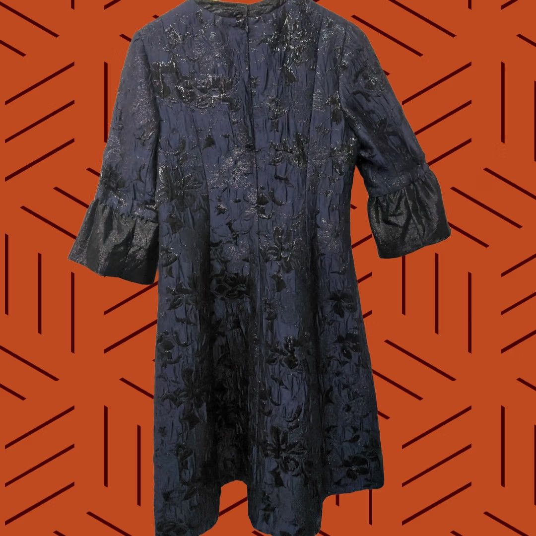 Vintage Rickie Freeman for Teri Jon Dress | Women A-Line Knit Jacquard Knee Length Bell Sleeve Navy Blue Metallic Size L / US 10 / IT 46 - 1 Thumbnail