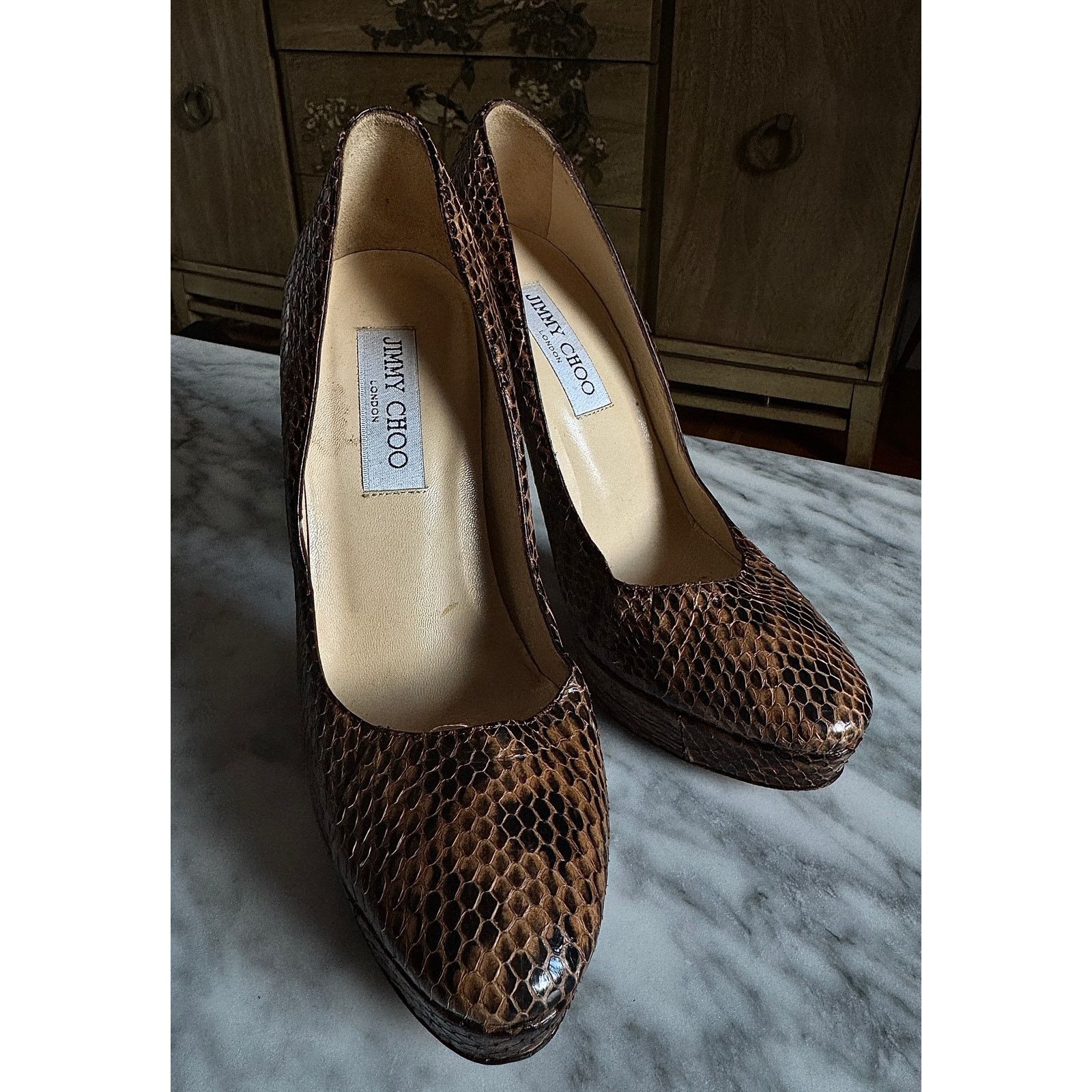Jimmy Choo Jimmy Choo Beige and Brown Python Platform Heel Pumps Size US 8 / IT 38 - 1 Thumbnail