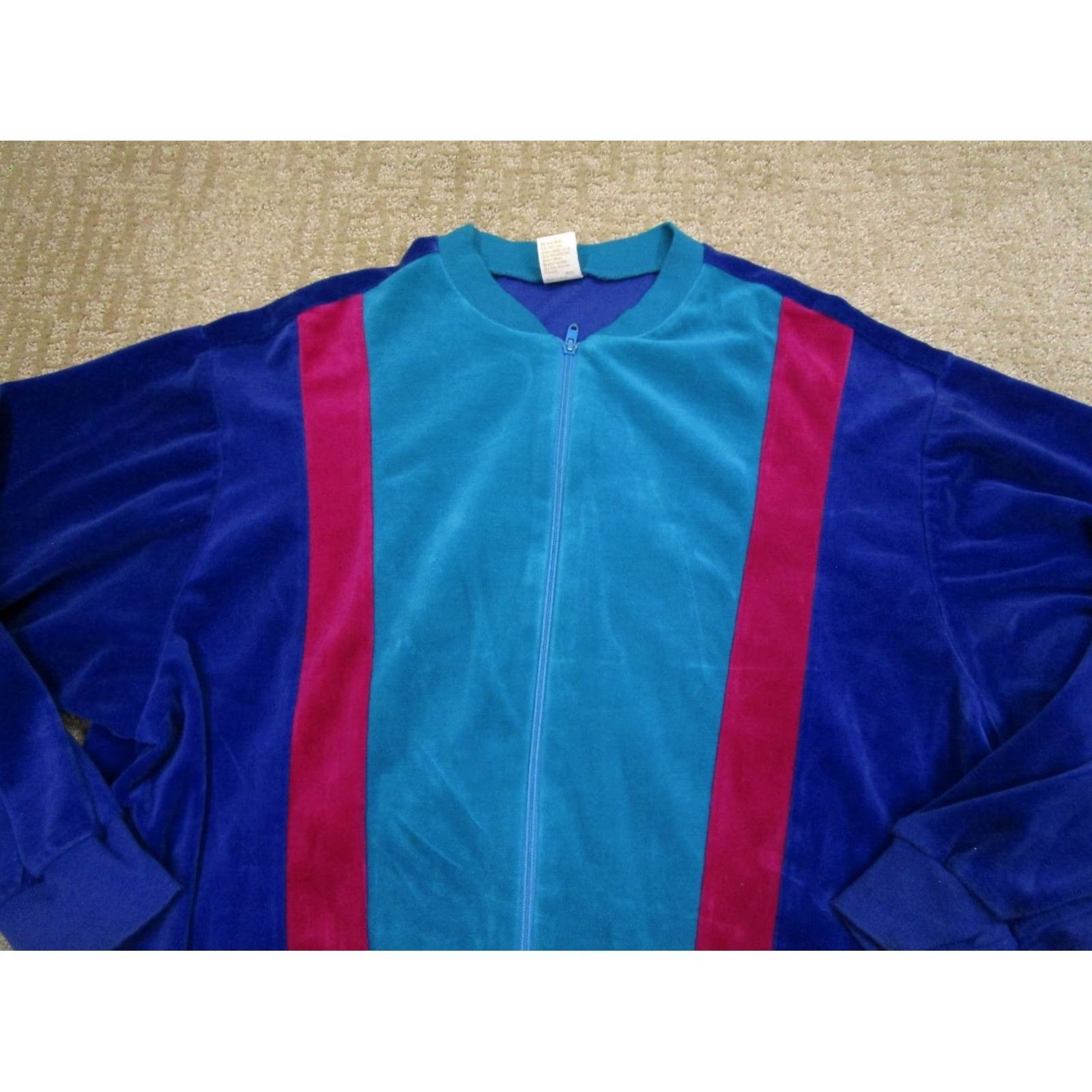 Jantzen VINTAGE Jantzen Windbreaker Jacket Women 3X Blue Velour Striped USA 80s Retro Distressed Logo Jacket/Coat Size XXL / US 16-18 / IT 52-54 - 2 Thumbnail