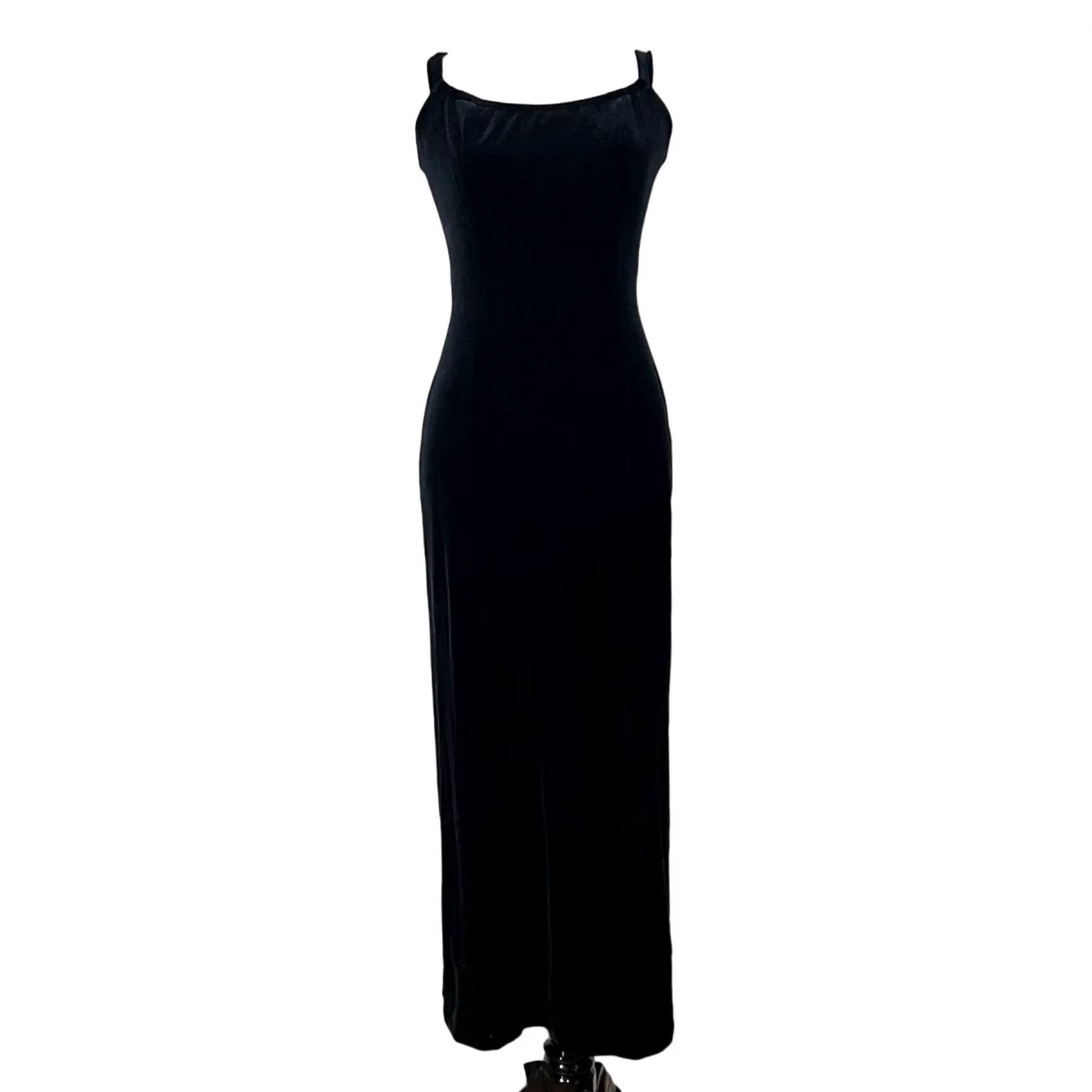 Velvet VINTAGE Bari Jay Maxi Dress Black Velvety Sheath Sleeveless 3/4 Sz © 50" Long Slit 90s Y2K Party/Cocktail Formal Womens Size XS / US 0-2 / IT 36-38 - 2 Thumbnail