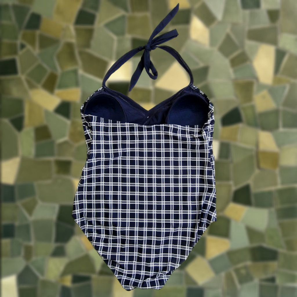 Vintage ModCloth Blue White Plaid Button Halter V-Neck One Piece Swimsuit Women 16-18 Size ONE SIZE - 1 Thumbnail