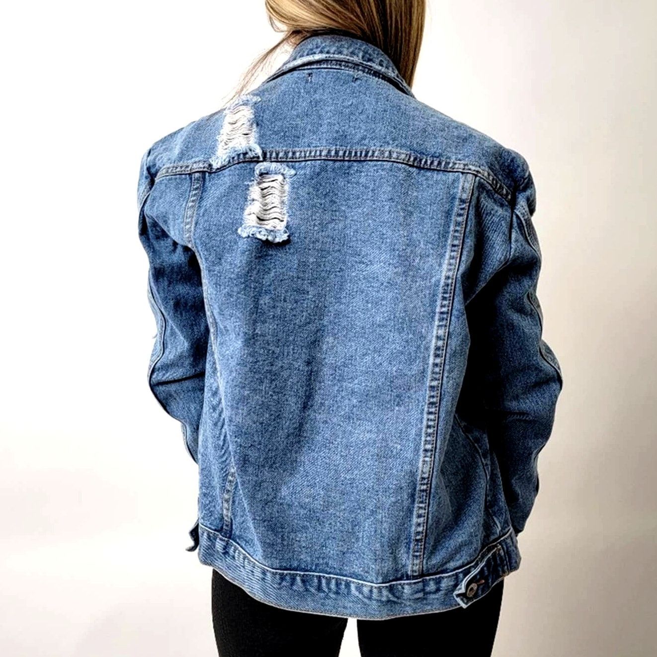 Shein Ripped Faded Wash Denim Jean Trucker Jacket - L Size L / US 10 / IT 46 - 3 Thumbnail