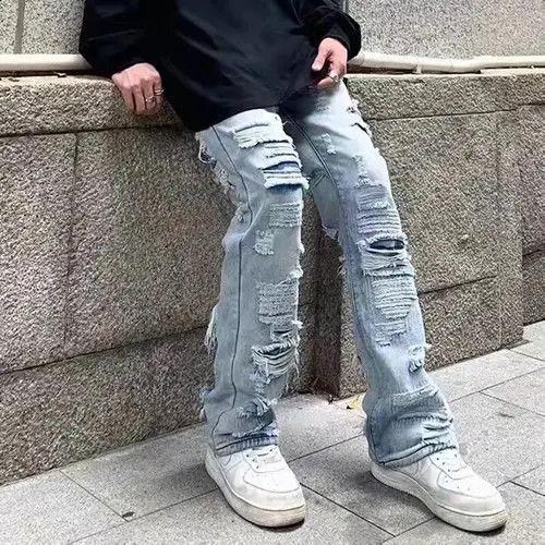 image of Unbrnd Ripped Hole Retro Mens Baggy Jeans in Blue (Size 33)
