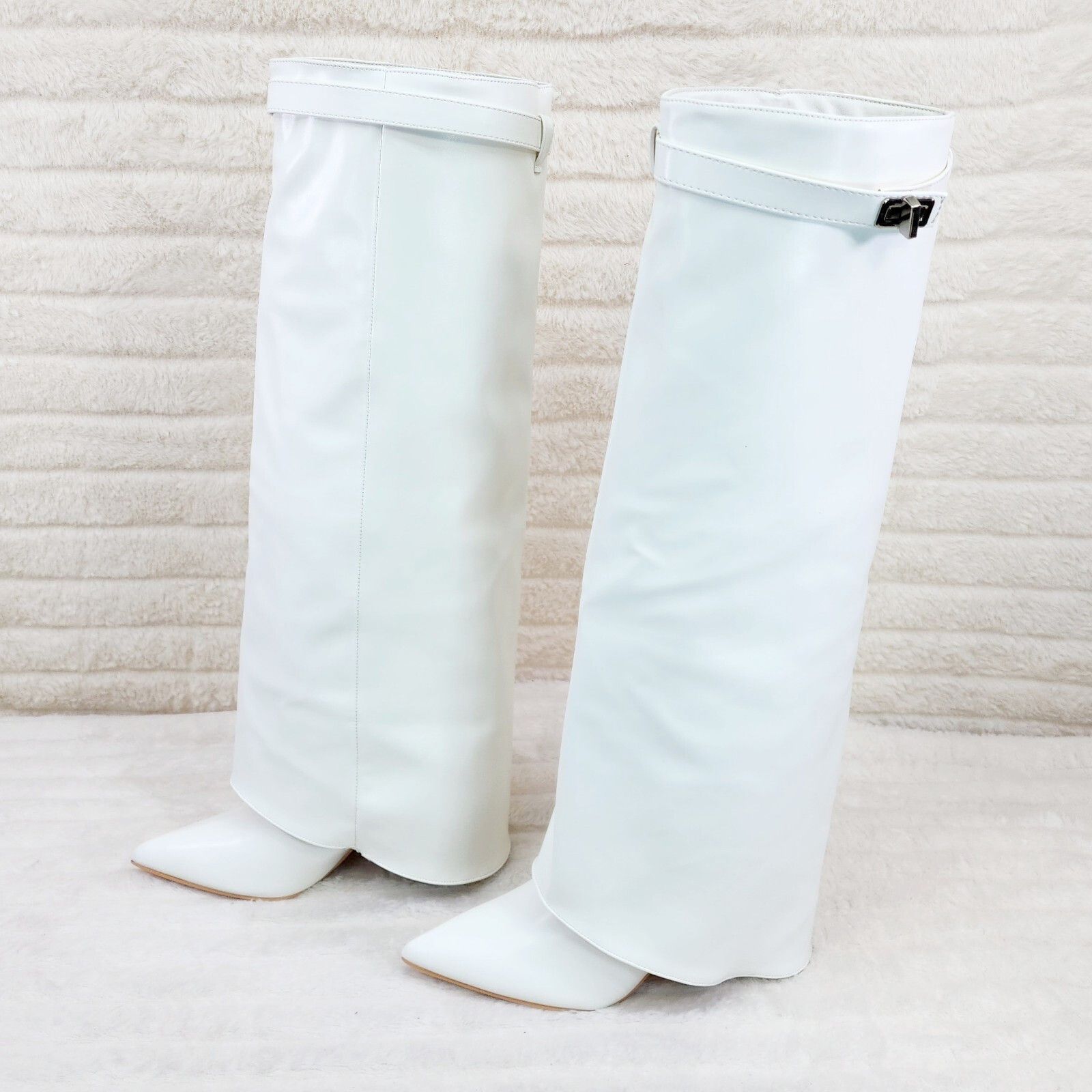 Other Paris White Skirted Fold Over 3.5" Block Heel Knee High Boot Size US 7 / IT 37 - 3 Thumbnail