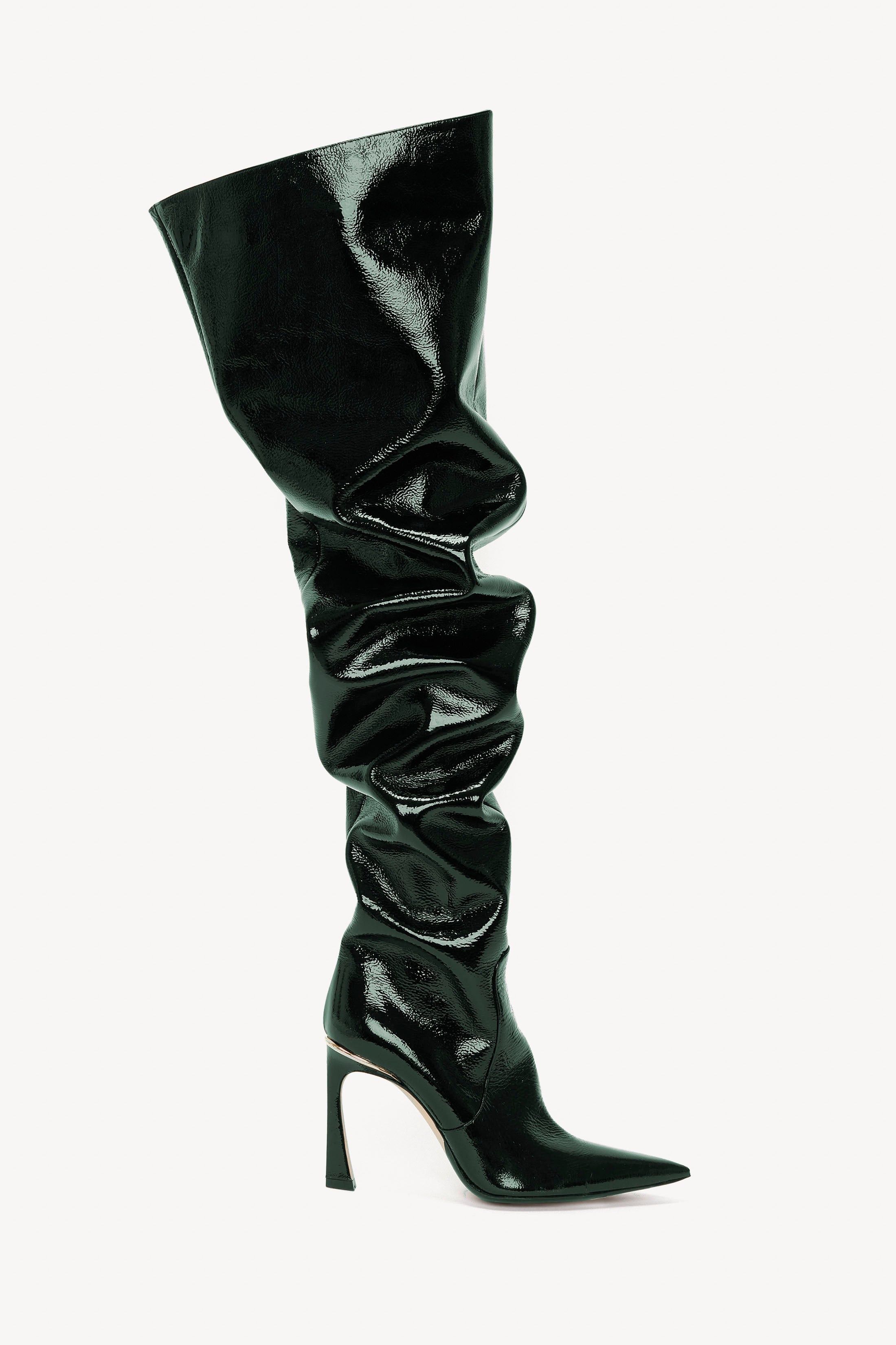 Victoria Beckham o1mle0525 Thigh High Pointy Boots Dark Green Grained Patent Size US 7 / IT 37 - 1 Thumbnail