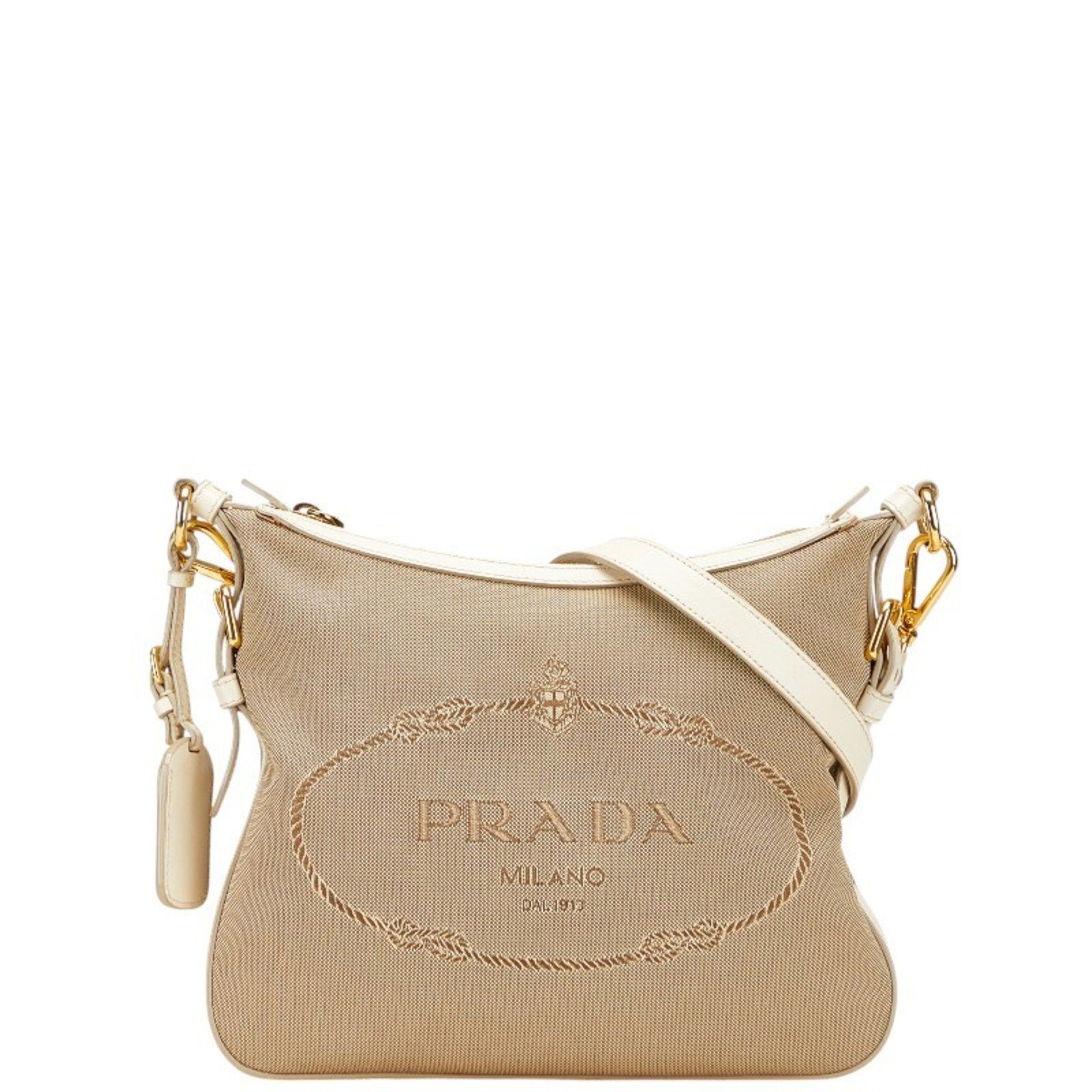 Prada Crossbody Shoulder Bag Beige Ivory Canvas Leather