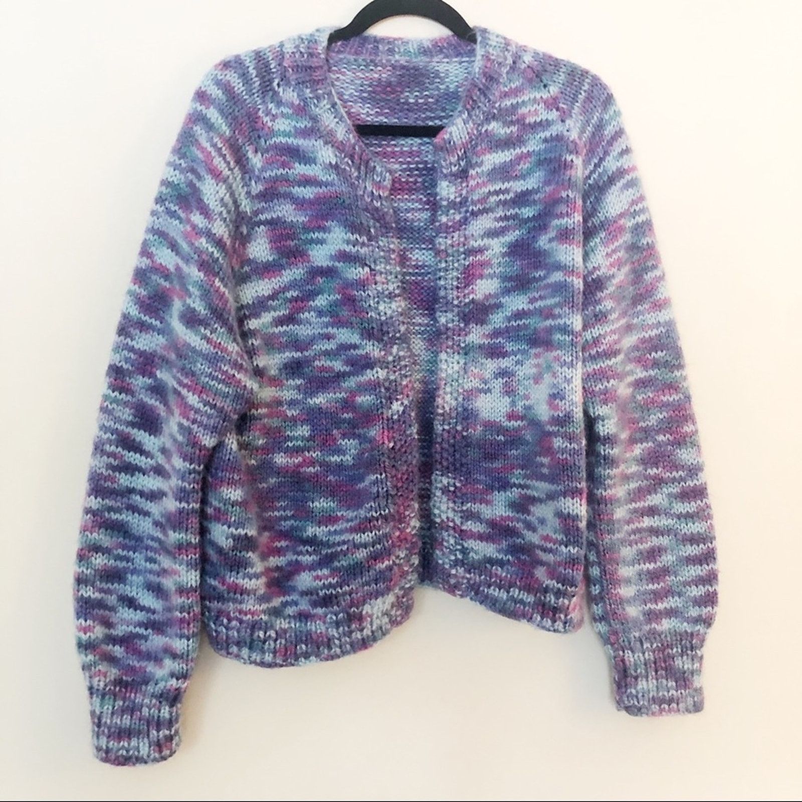 Vintage Vintage Blue and Purple Chunky Hand Knit Cardigan Size M / US 6-8 / IT 42-44 - 1 Thumbnail